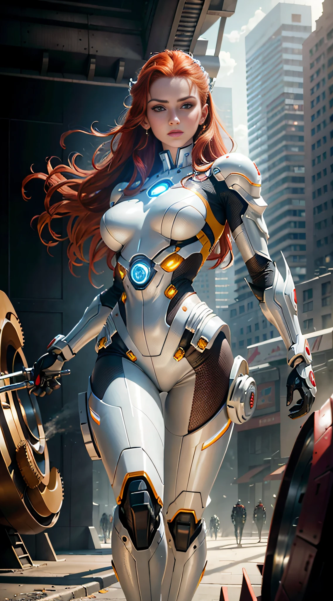 RAW, masterpiece, ultra thin photo, best quality, ultra high resolution, photorealistic, sunlight, full body portrait, incredibly beautiful, dynamic poses, sexy, delicate face, vibrant eyes, (red hair), she is using a futuristic wolverine mechanism, red and gold color scheme, highly detailed robot factory background, detailed face, detailed and complex busy background, messy,  Gorgeous, milky white, highly detailed skin, realistic skin details, visible pores, sharp focus, volumetric mist, 8K UHD, DSLR camera, high quality, film grain, fair skin, photorealism, lomography, expanding metropolis in futuristic dystopia, view from below, translucent,