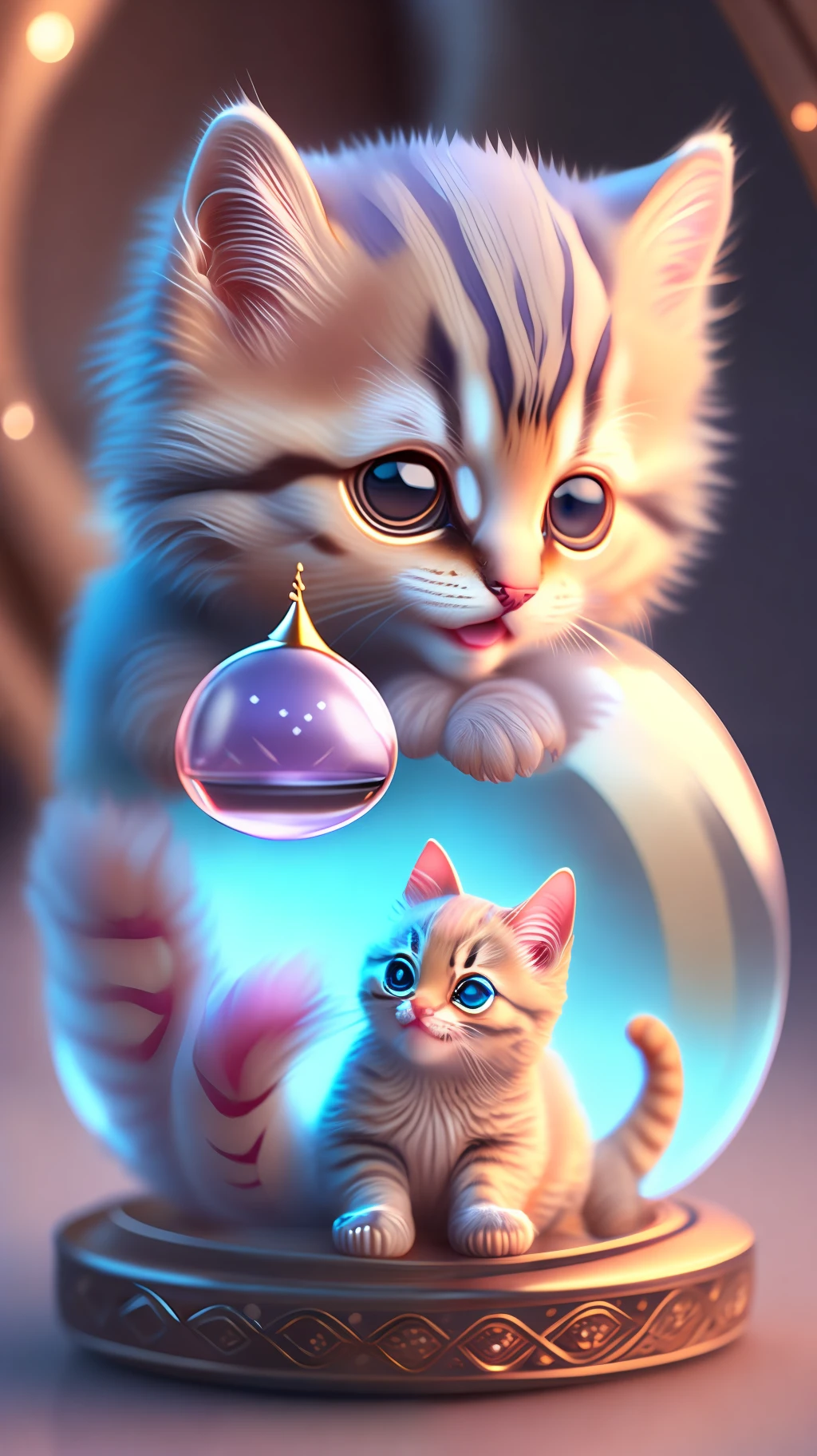 A cute kitten, made of a crystal ball, open mouth, laugh, Morandi color system, highly detailed complex concept art trend with low-poly eyes artstation 8k, laughing !!