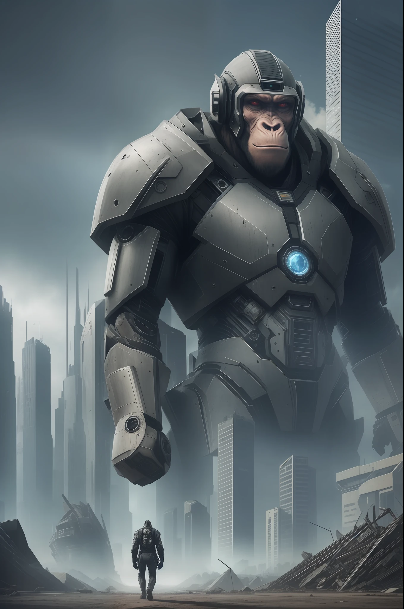 In a dystopian future, where the line between humans and machines has become blurred, an ape-headed man emerges as a symbol of transformation. Dressed in imposing cybernetic armor, he walks through a post-apocalyptic world where technology and savagery mingle. The desolate and reflected landscape reflects the chaotic state of society. The image, in high quality and rich in detail, transports the viewer to a futuristic and intriguing universe. --auto --s2