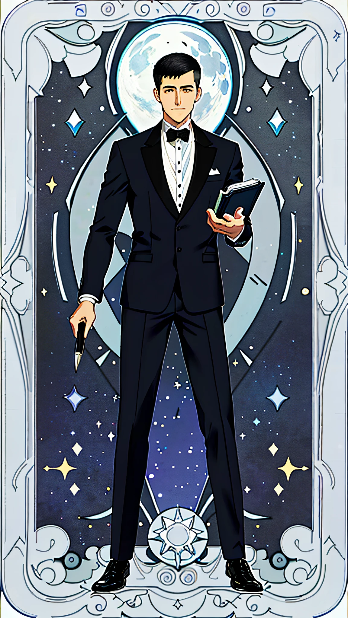 masterpiece, best quality, full body, card, 1 man, the moon, calm, clever, short hair, black hair,  brush cut, standing, blue, night sky, purple, book, pen, buzz cut, black suit, royal, gentle, man, center, best pose