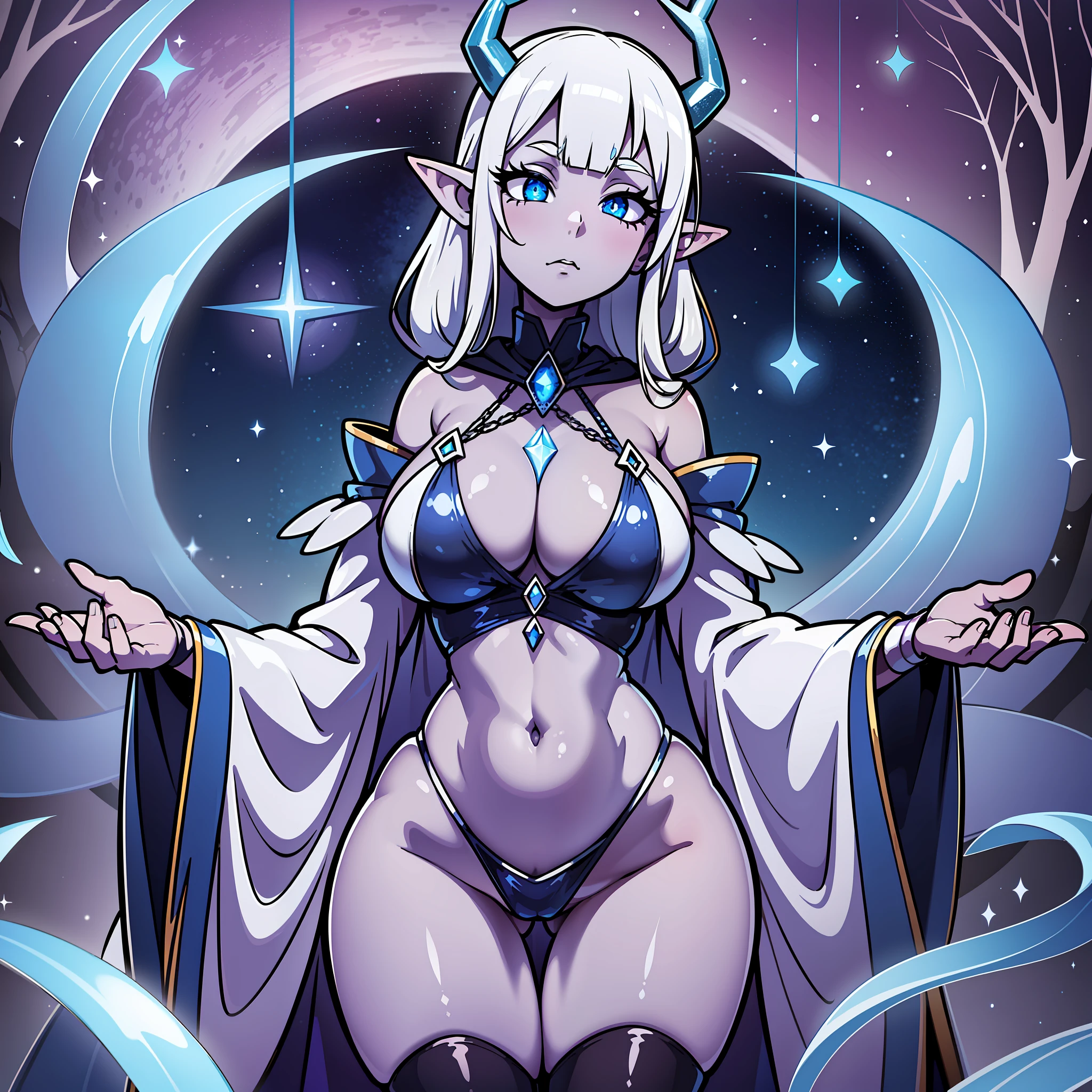 Elf ears, pointed ears, ((robe)), ((hood up)), ((hood with antlers)), Mysterious, Enigmatic, Otherworldly, Solitary, Sage, Lunar being, Moonlight, Silver-white hair, Shimmering blue and silver ribbons, Moonlit night, Reflective eyes, Deep wisdom, Melancholy, Slender, Graceful, Pale luminescence, Moonlight glow, Silver-white hair, Shimmering blue and silver ribbons, Reflective eyes, Silvery-blue glow, Moonlit night, Flowing gown, Phases of the moon, Dark blue, Deep purple, Silver and gold celestial patterns, Stars, Moons, Constellations, High collar, Hood, Silver amulet, Delicate chain, lantern, Moon, Gentle source of light, Silver rings, Moonstones, ((1girl)), ((simple background)), ((colored background)), wide hips, full body, ((pin up)), ((big butt)), ((big eyes)), ((colored skin)), ((grabbing butt))