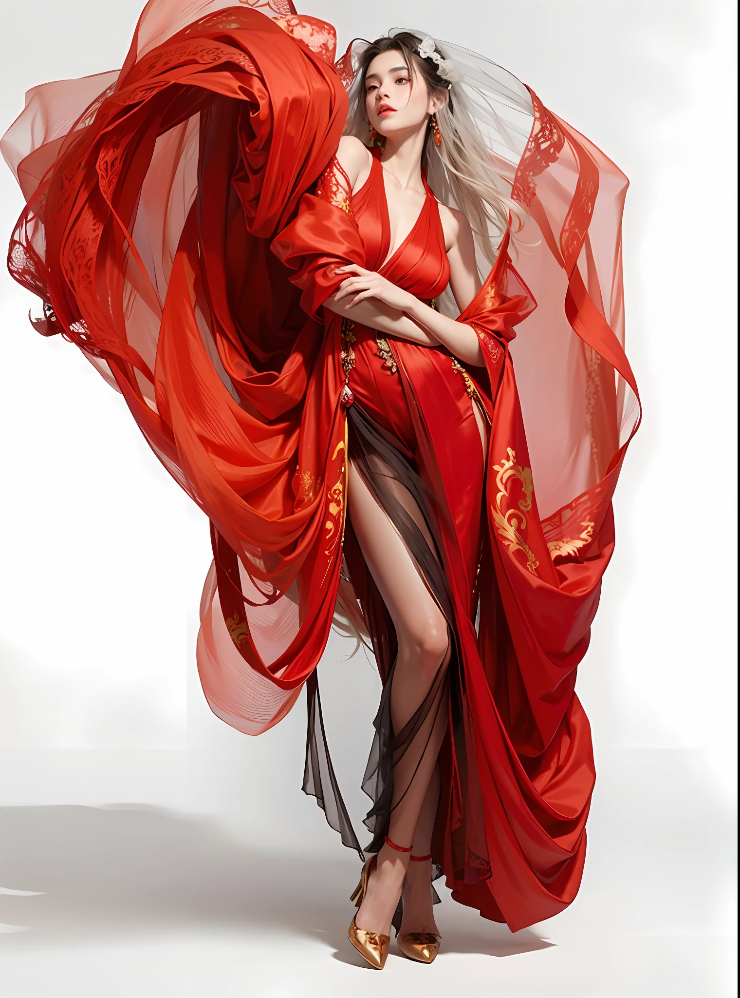A woman in a red dress poses with a veil, draped in flowing fabrics, beautiful flowing fabrics, flowing fabrics, golden and red silk flowing fabrics, black silk flowing in the wind, long flowing fabrics, inspired by Richard Arvidon, transparent translucent fabrics, endless flowing ethereal drapery, flowing dresses, black and red silk clothing, inspired by Burt Stern, draped in silk, red close, a combination of classical elements and modernity of Chinese Hanfu