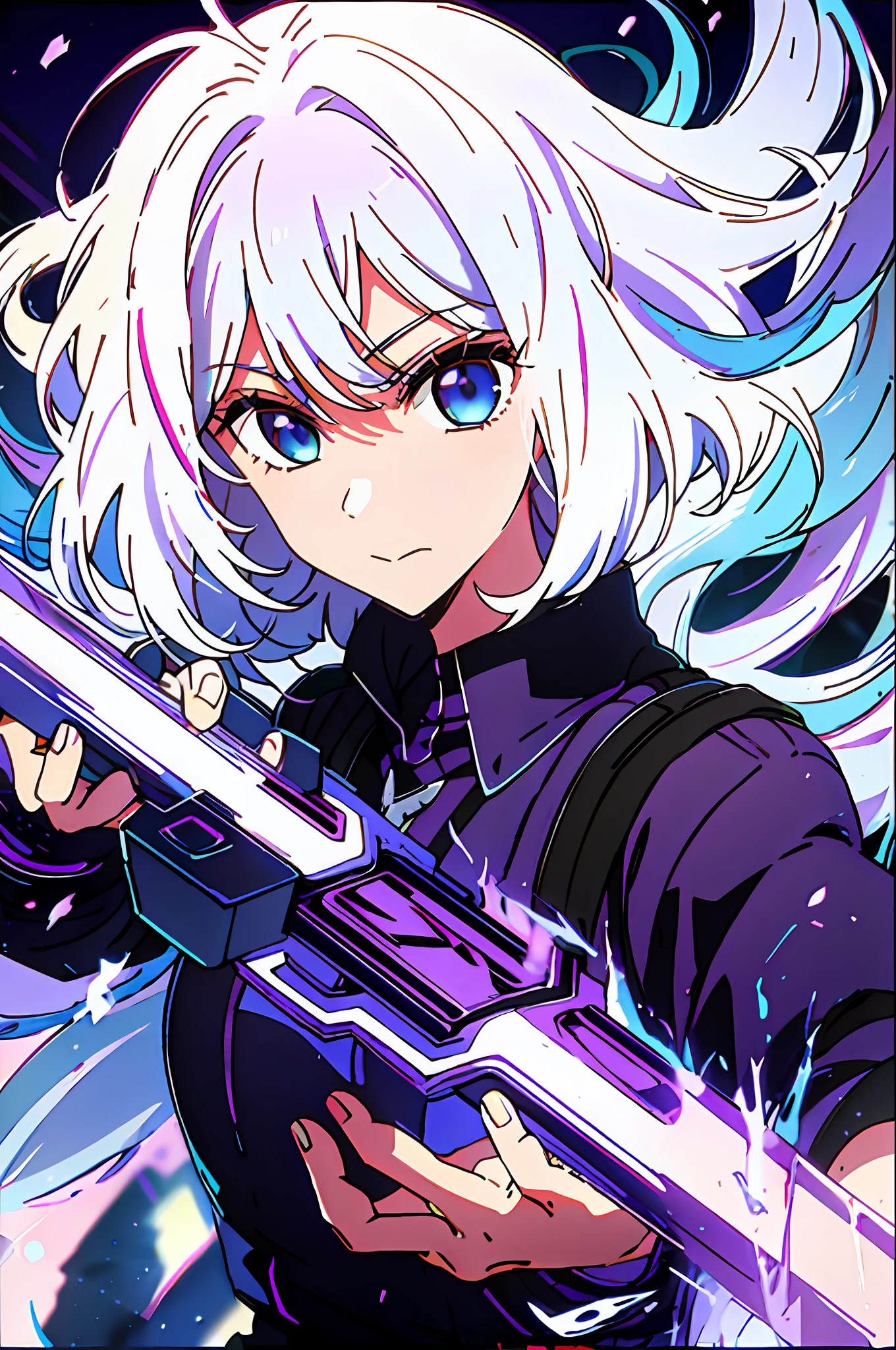 colorful, 1 girl, white hair, purple eyes, double hilt, sword, hand sword, blue flames, brilliance, bright weapon, light particles, wallpaper, chromatic aberration,