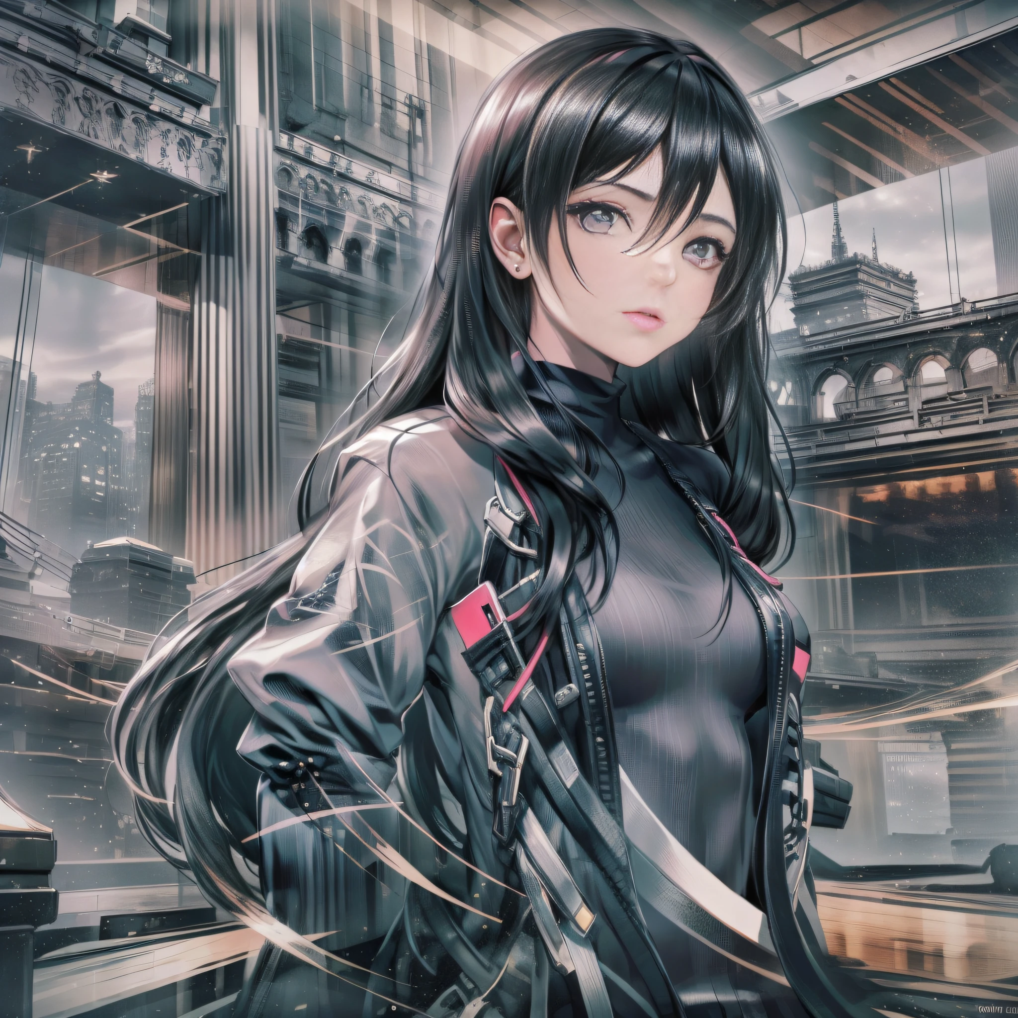 (Super Cool: 1.5), (Independent: 1.3), (Long hair: 1.2), (Black: 1.1), (Single: 1.2), (Midsummer: 1.1), (Neon: 1.3), (City: 1.2), (Lips slightly open), (Sharp eyes: 1.2), (Full of personality: 1.3), (Full of atmosphere), (Simplicity: 1.1), (Fashion: 1.2)