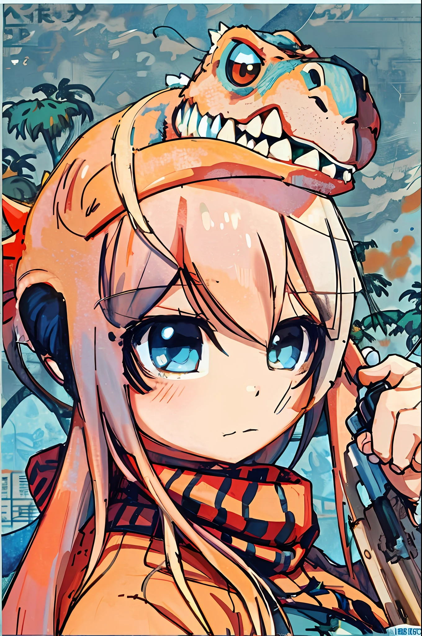 anime girl with a dinosaur head and a scarf holding a baseball bat, anime style hyper detailed, anime style mixed with fujifilm, manga cover style, anime monster girl, kantai collection style, anime style artwork, epic anime style, manga front cover, anime cover, striking manga artstyle, manga art style, manga cover art, anime style 4 k, anime stylized --auto --s2