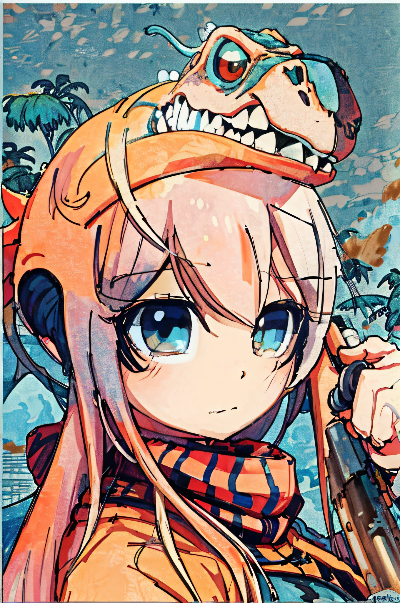 anime girl with a dinosaur head and a scarf holding a baseball bat, anime style hyper detailed, anime style mixed with fujifilm, manga cover style, anime monster girl, kantai collection style, anime style artwork, epic anime style, manga front cover, anime cover, striking manga artstyle, manga art style, manga cover art, anime style 4 k, anime stylized --auto --s2