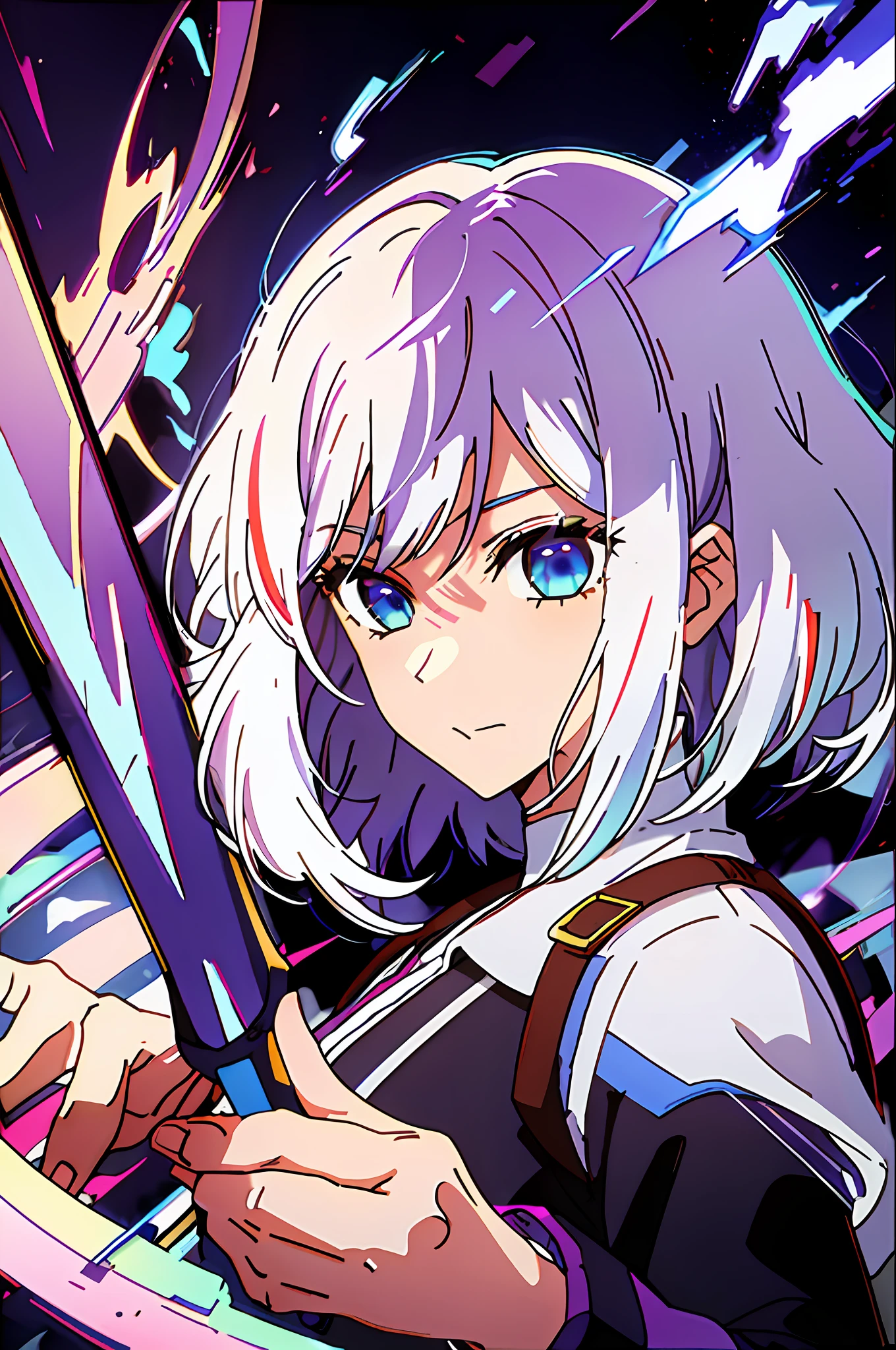 colorful, 1 girl, white hair, purple eyes, double hilt, sword, hand sword, blue flames, brilliance, bright weapon, light particles, wallpaper, chromatic aberration,