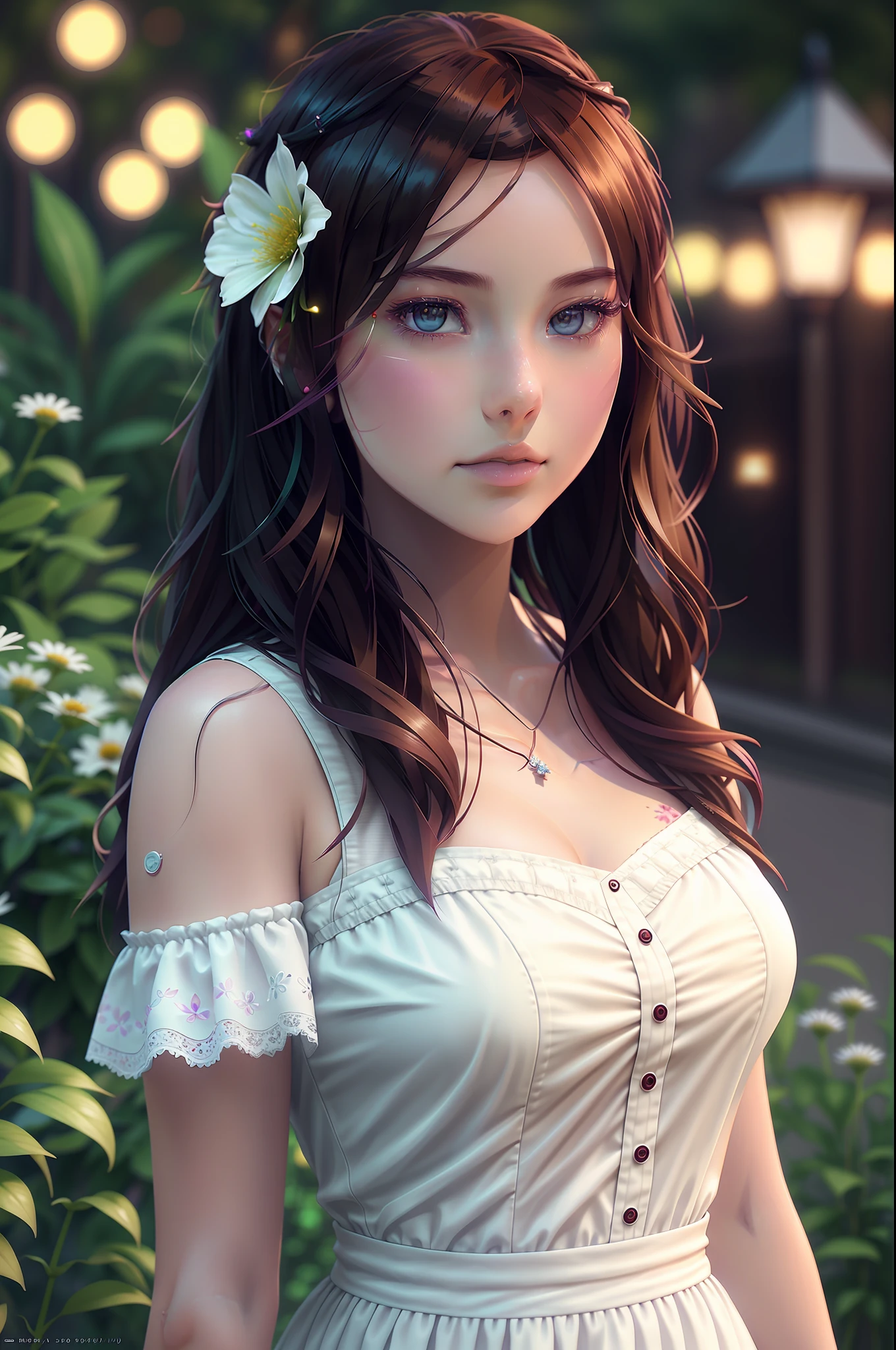 a close up of a woman in a white dress with a flower in her hair, photorealistic anime girl render, smooth anime cg art, realistic digital art 4 k, realistic digital art 4k, 3 d anime realistic, artgerm ; 3d unreal engine, deviantart artstation cgscosiety, realistic anime 3 d style, photorealistic artstyle