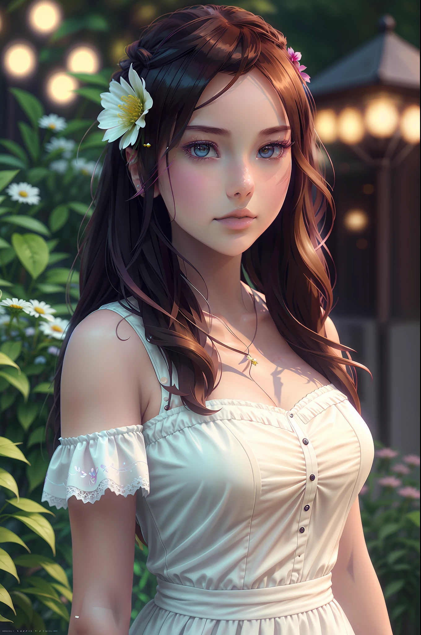 a close up of a woman in a white dress with a flower in her hair, photorealistic anime girl render, smooth anime cg art, realistic digital art 4 k, realistic digital art 4k, 3 d anime realistic, artgerm ; 3d unreal engine, deviantart artstation cgscosiety, realistic anime 3 d style, photorealistic artstyle