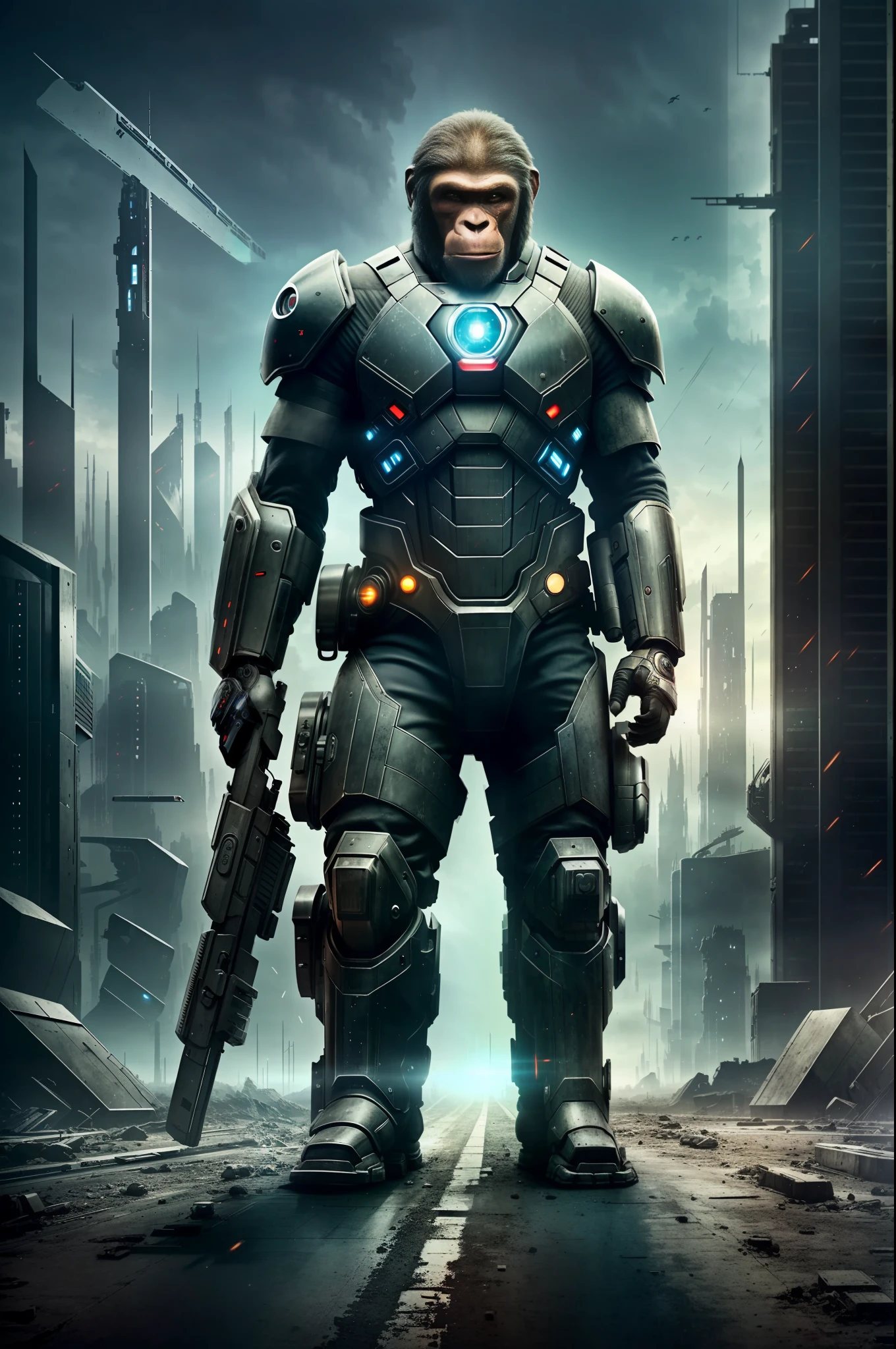 In a dystopian future, where the line between humans and machines has become blurred, an ape-headed man emerges as a symbol of transformation. Dressed in imposing cybernetic armor, he walks through a post-apocalyptic world where technology and savagery mingle. The desolate and reflected landscape reflects the chaotic state of society. The image, in high quality and rich in detail, transports the viewer to a futuristic and intriguing universe. --auto --s2