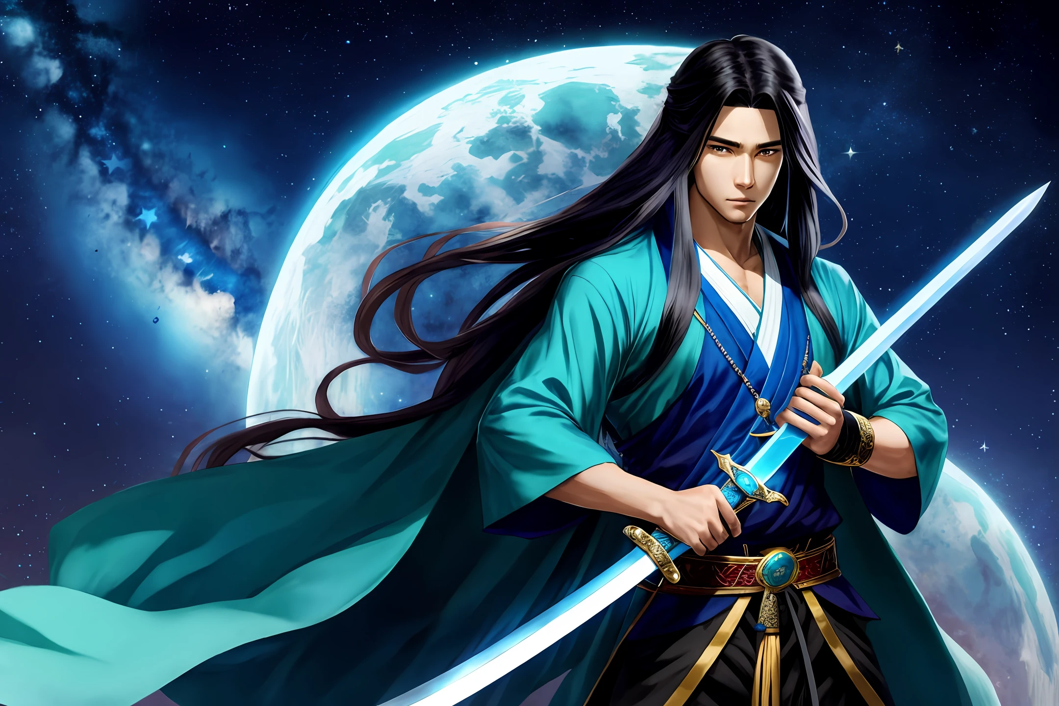 Male, long hair, young, sad, anime, ancient style, holding a long sword, blue and cyan clothes, a piece of jade hanging around his neck, behind the Milky Way, handsome, stars radially spread from the sword to the surroundings,