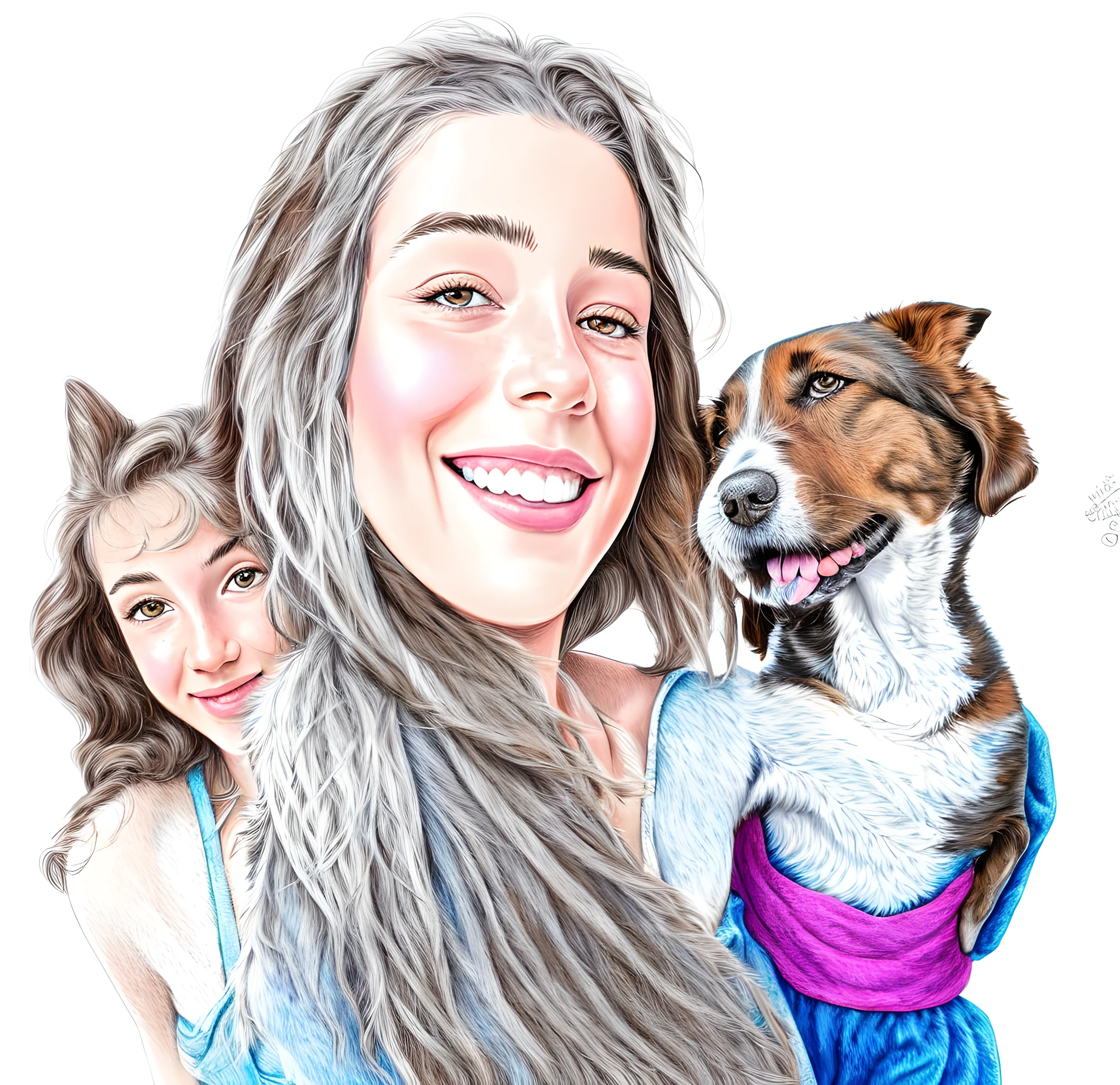 Painting of a woman with a dog, in cartoon style, high quality portrait, drawn with Photoshop, detailed portrait, cartoon portrait, detailed color portrait, colored pencil sketch, digitally painted, ultra realistic portrait, realistic photo portrait, edited, color portrait, digital art. , cartoon style illustration, digital cartoon art