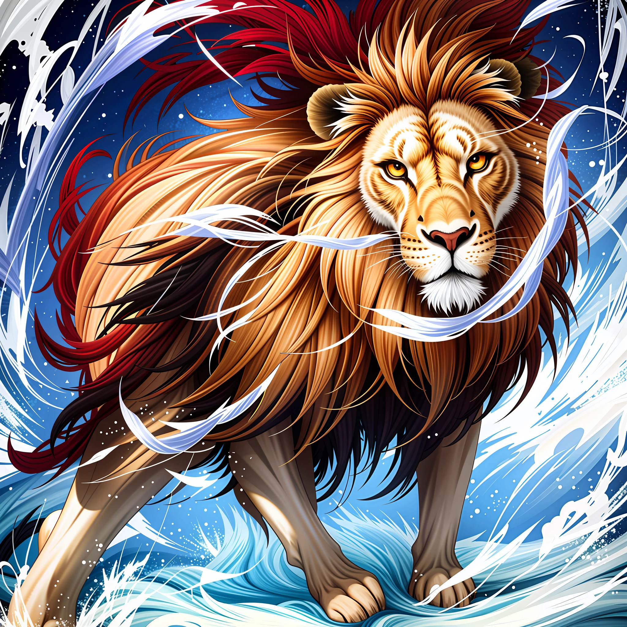 painting of a lion (((roar))) with a long mane and a red tail, king of the sea, lord of the beasts, lion warrior, complete art, aslan the lion, high definition anime art, magic the art style of collecting, by Zeen Chin, mane, mythical creature, with the mane of a lion, detailed anime art, magic the art of collecting,  by Yang J