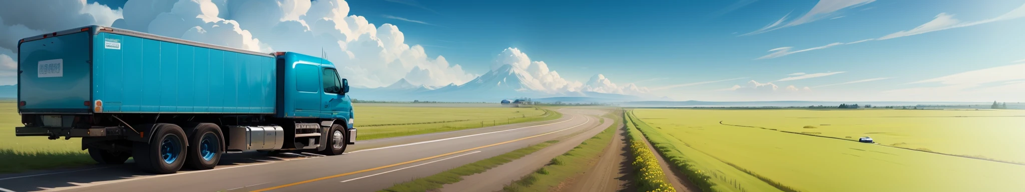 Behind a white truck running on a prairie, blue sky, one car, image of Hokkaido,