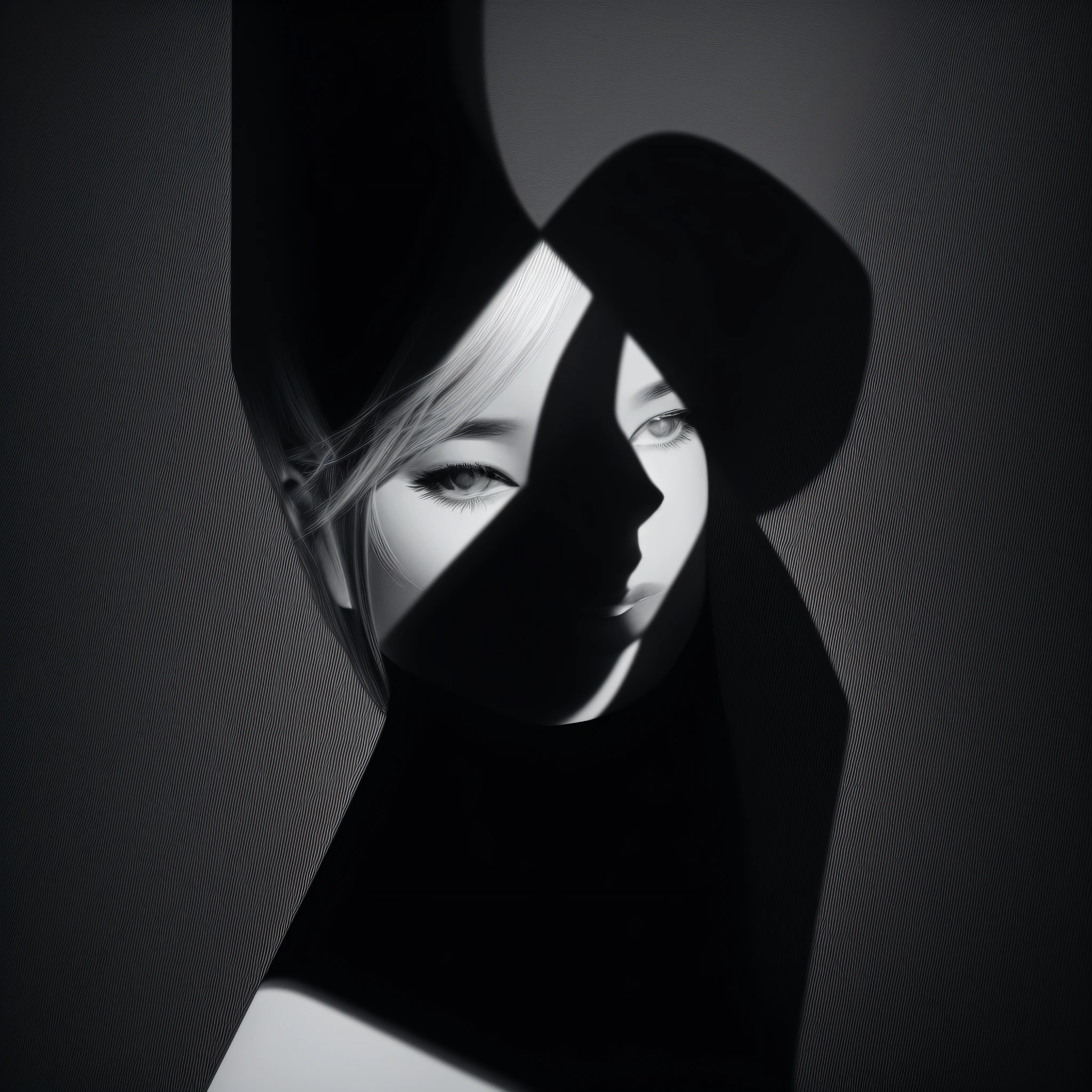 Minimalist black and white painting style, caressing light and shadow, black and white shadow gentle, with a sense of white-haired girl independent of the monochrome background. --auto --s2