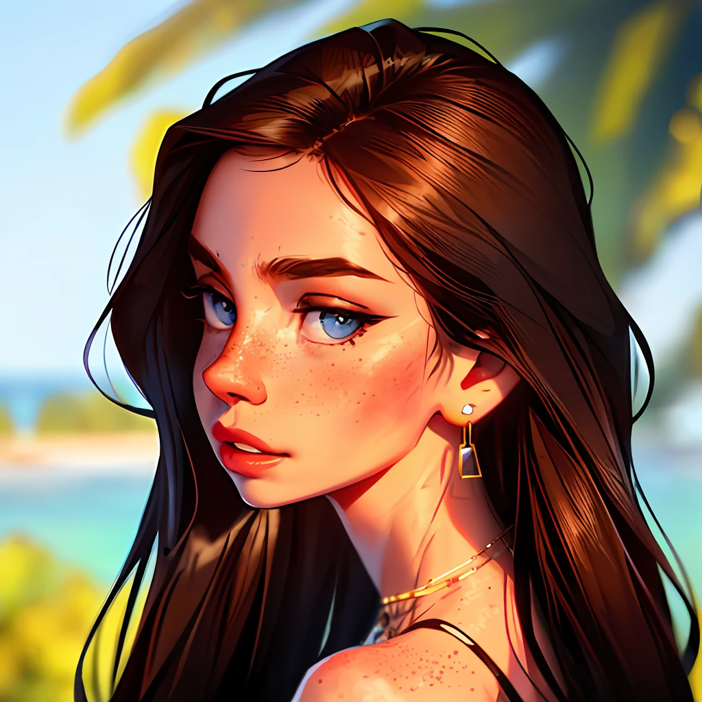 sam yang,
1girl, back, bare shoulders, blue eyes, brown hair, earrings, freckles, jewelry, lips, long hair, looking at viewer, looking back, necklace, off shoulder, parted lips, portrait, day, depth of field, solo
, ((masterpiece))