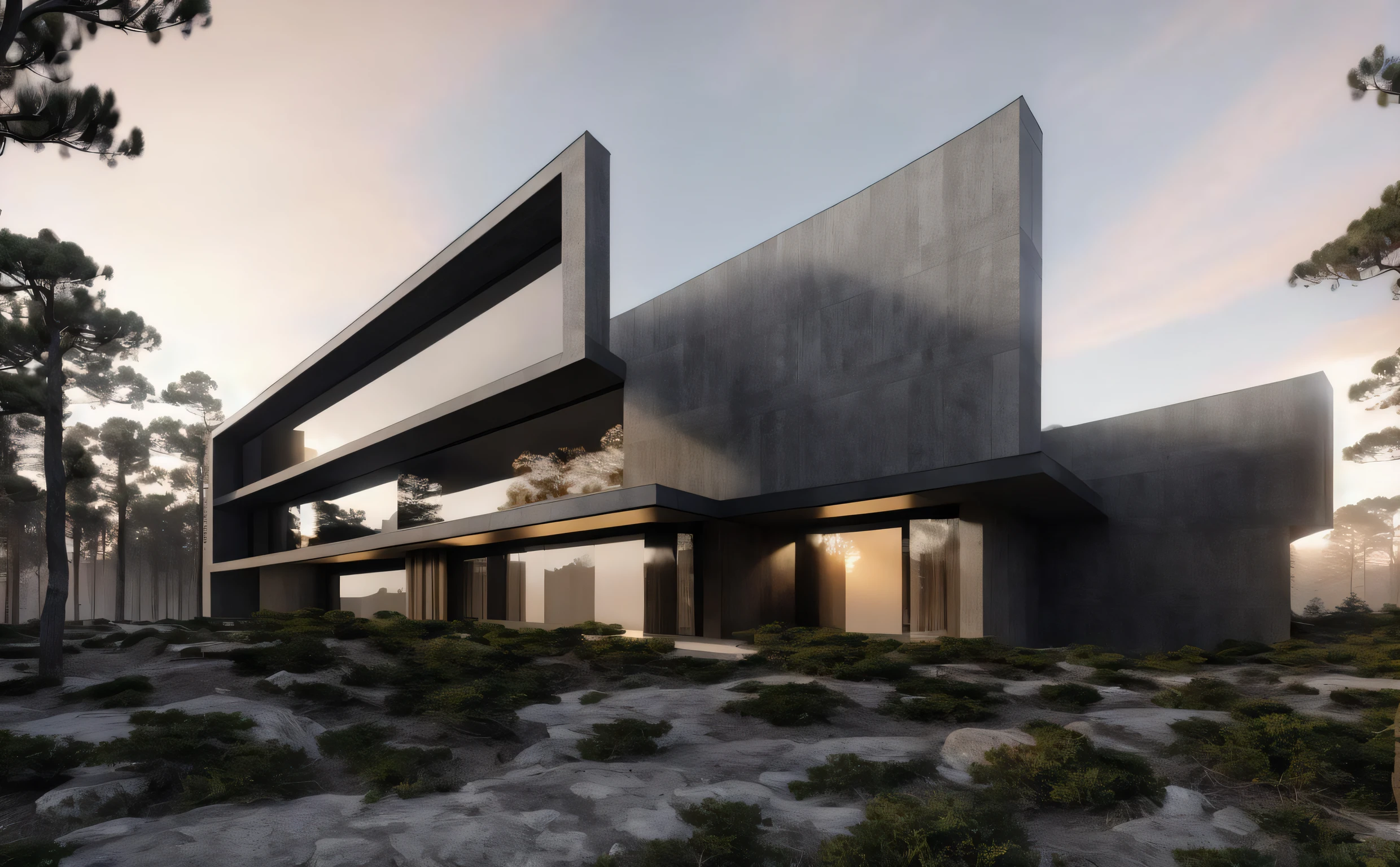 ((masterpiece, best quality)), 8k, modern architecture style, photo realistic, david chipperfield, hyper detailed photo, single box, a digital 3d render of a building, Grey building, leansflare, Forest, Sunset or dawn