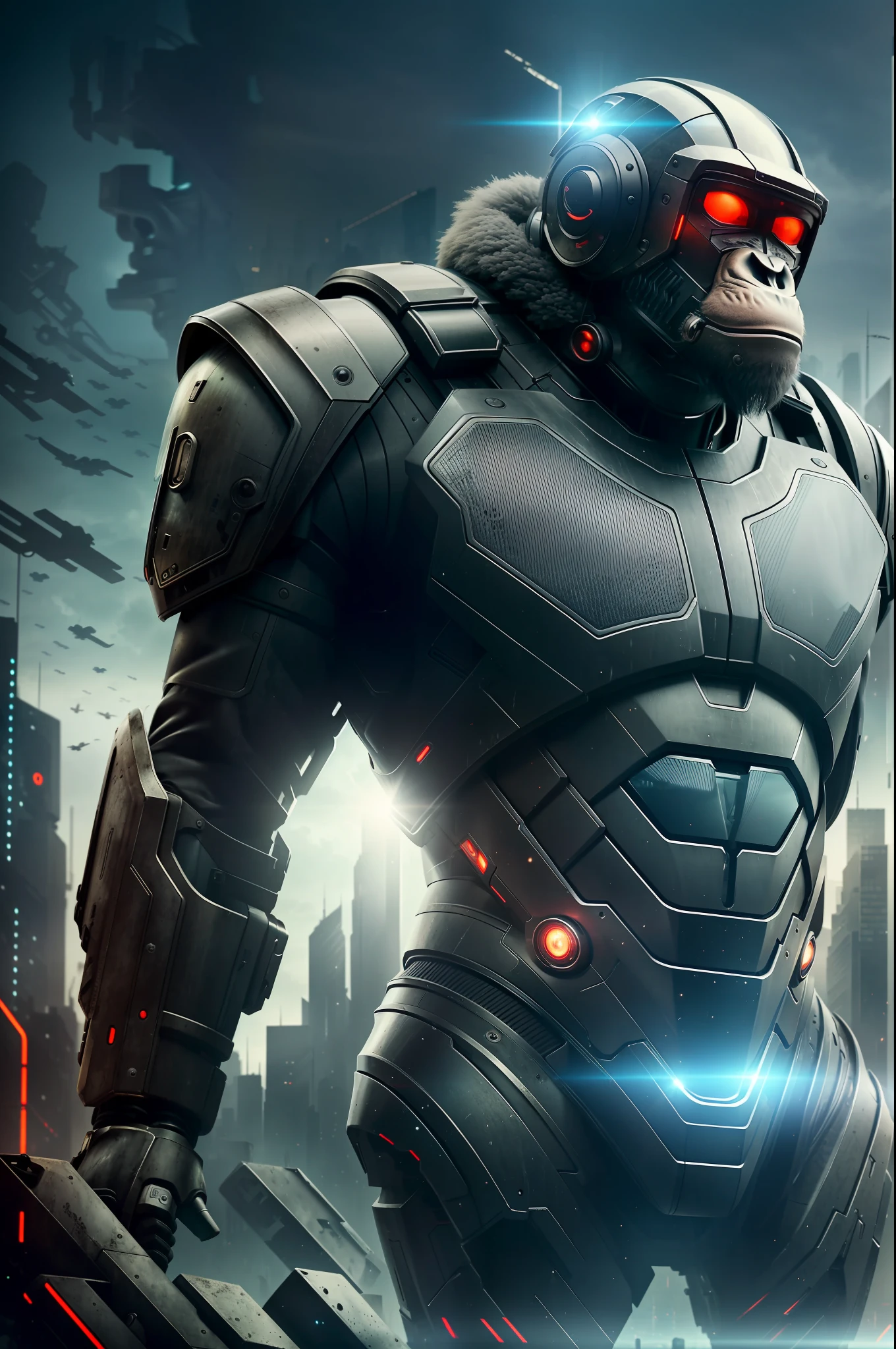 In a dystopian future, where the line between humans and machines has become blurred, an ape-headed man emerges as a symbol of transformation. Dressed in imposing cybernetic armor, he walks through a post-apocalyptic world where technology and savagery mingle. The desolate and reflected landscape reflects the chaotic state of society. The image, in high quality and rich in detail, transports the viewer to a futuristic and intriguing universe. --auto --s2