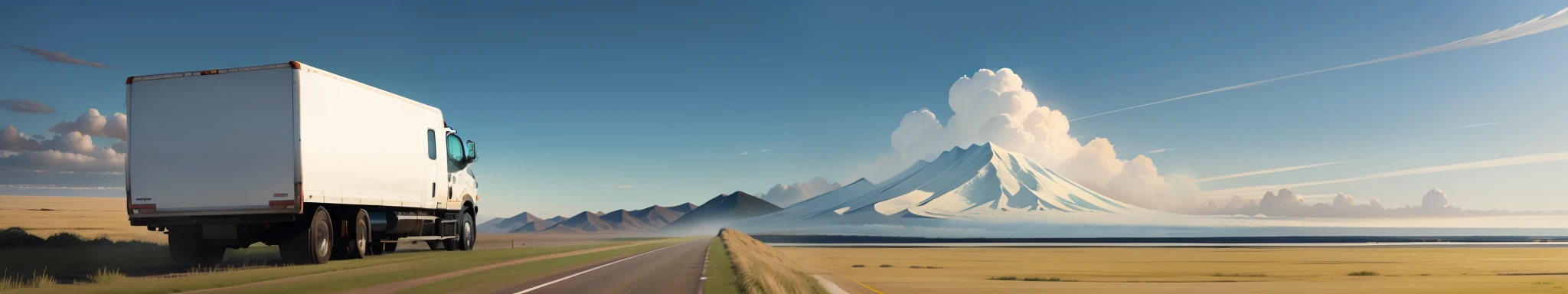 Back view of truck running on prairie, blue sky, one car, image of Hokkaido, scenery without mountains