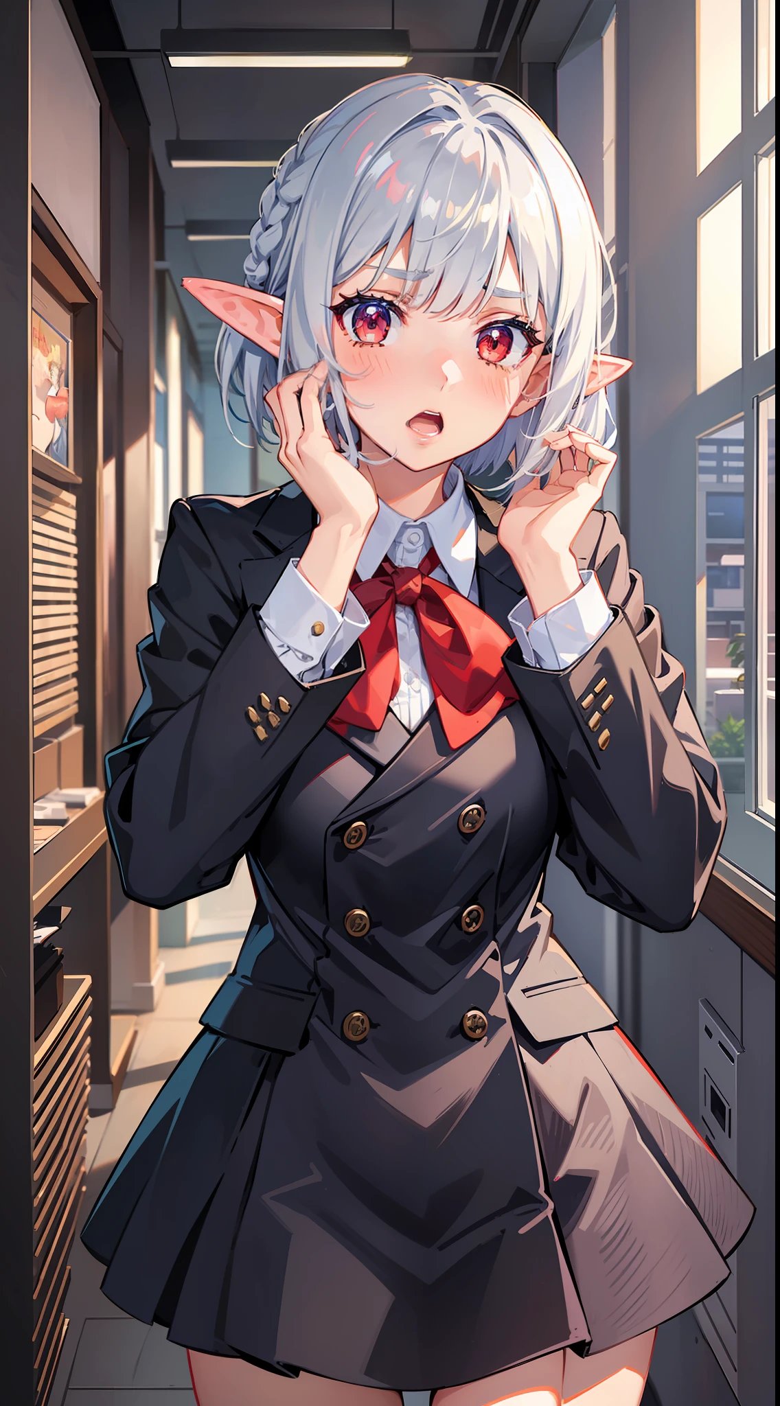 1 Girl's full body, elf, silver hair, red eyes, bob cut, braid, school uniform, blazer uniform, indoors, facing front, (putting both hands on their face), (surprised), (blush), concept art, beautiful anime scene, beautiful anime scenery, top rating on pixiv, top quality, 4K