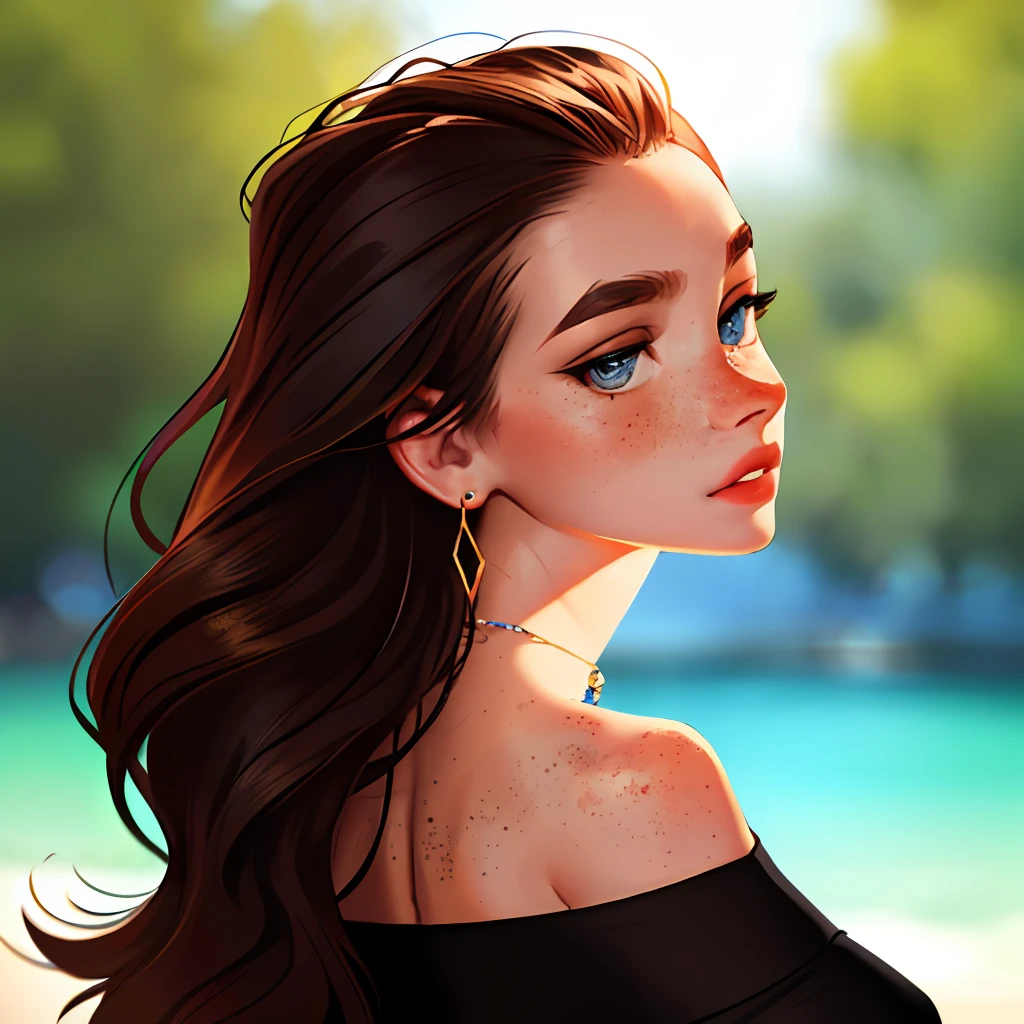 sam yang,
1girl, back, bare shoulders, blue eyes, brown hair, earrings, freckles, jewelry, lips, long hair, looking at viewer, looking back, necklace, off shoulder, parted lips, portrait, day, depth of field, solo
, ((masterpiece))