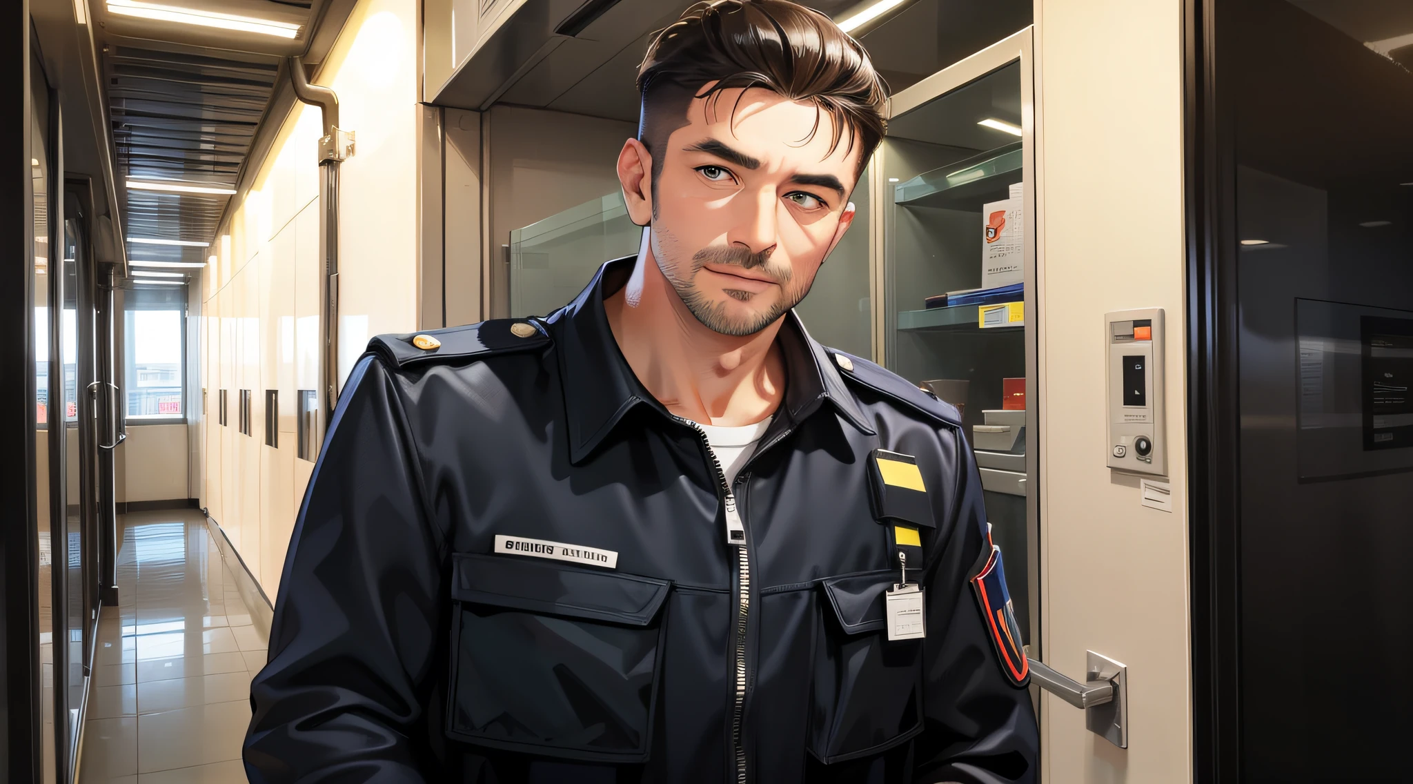 Middle-aged man, inch head, stubble on face, security uniform