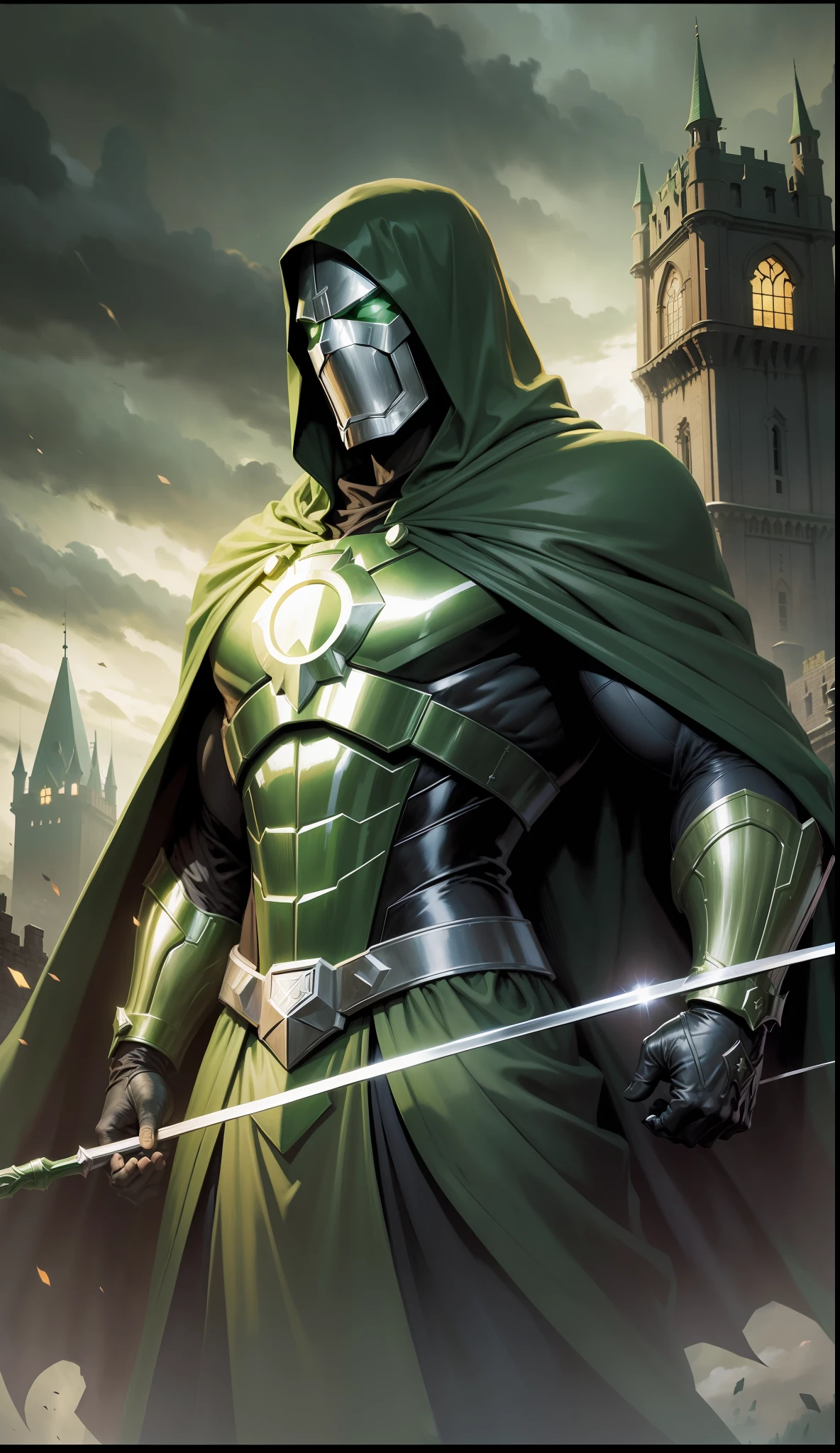 Marvel's Doctor Doom stands under a dark and gloomy sky wearing bright green armor and a flowing green cape. His iron mask glistens in the dim light as a large, ominous castle looms in the far background, reminiscent of the epic Marvel comics.