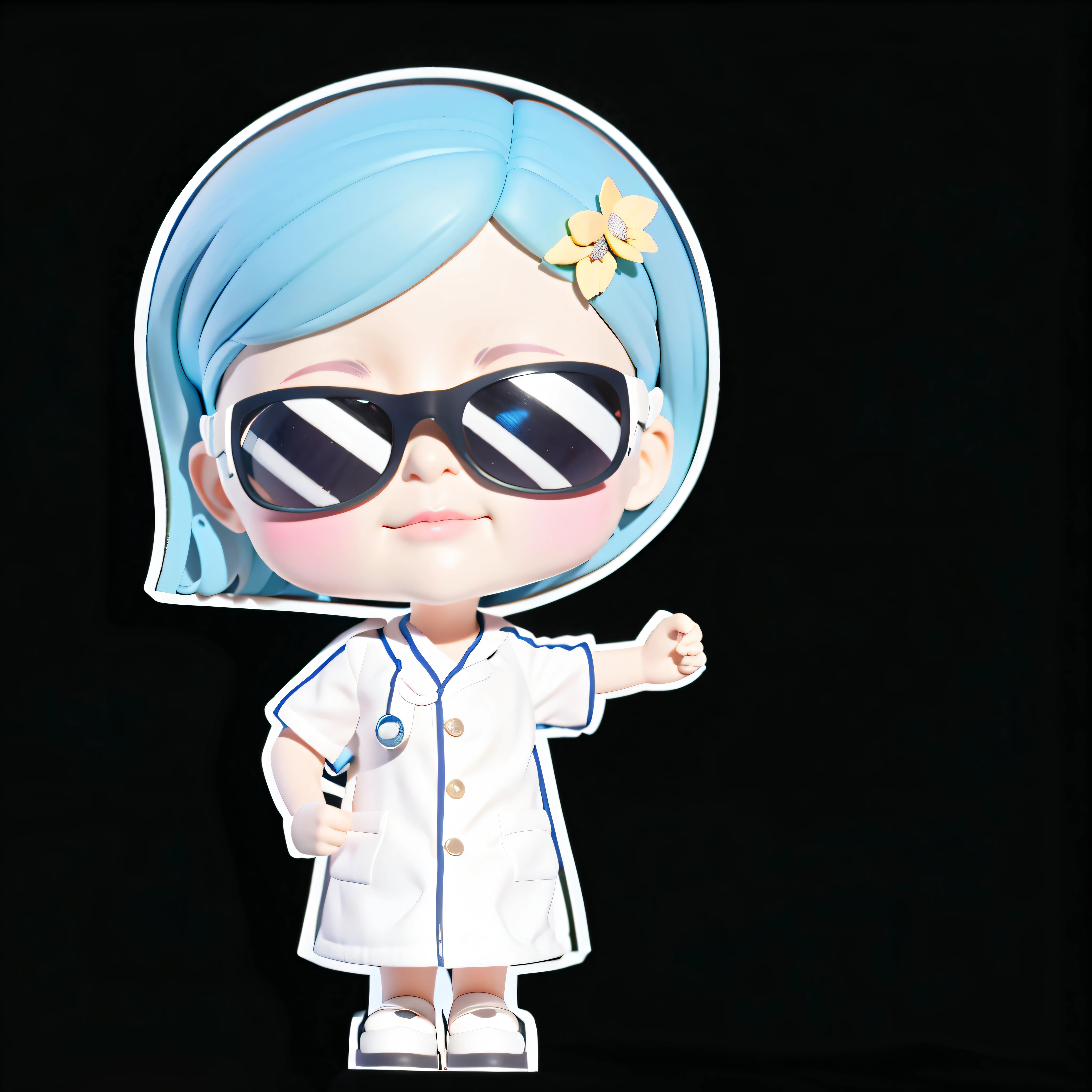 A girl, cute squinting smile,, blue eyes, with sunglasses, right hand Biye, left hand crossed waist, blue hair, short hair, no headdress, white doctor white coat clothes, (beautiful detail eyes), (beautiful detail face), (Clean background: 1.1), bright, background, Disney style, fine gloss, dreamy, cute, pop-mart lp, high detail, super high quality, bright colors, real model blind box toy, 3D rendering, oc rendering, c4d, best quality, 8k, bright, headlight, face shot, fine gloss, super detox, (full body: 1.3) --auto --s2