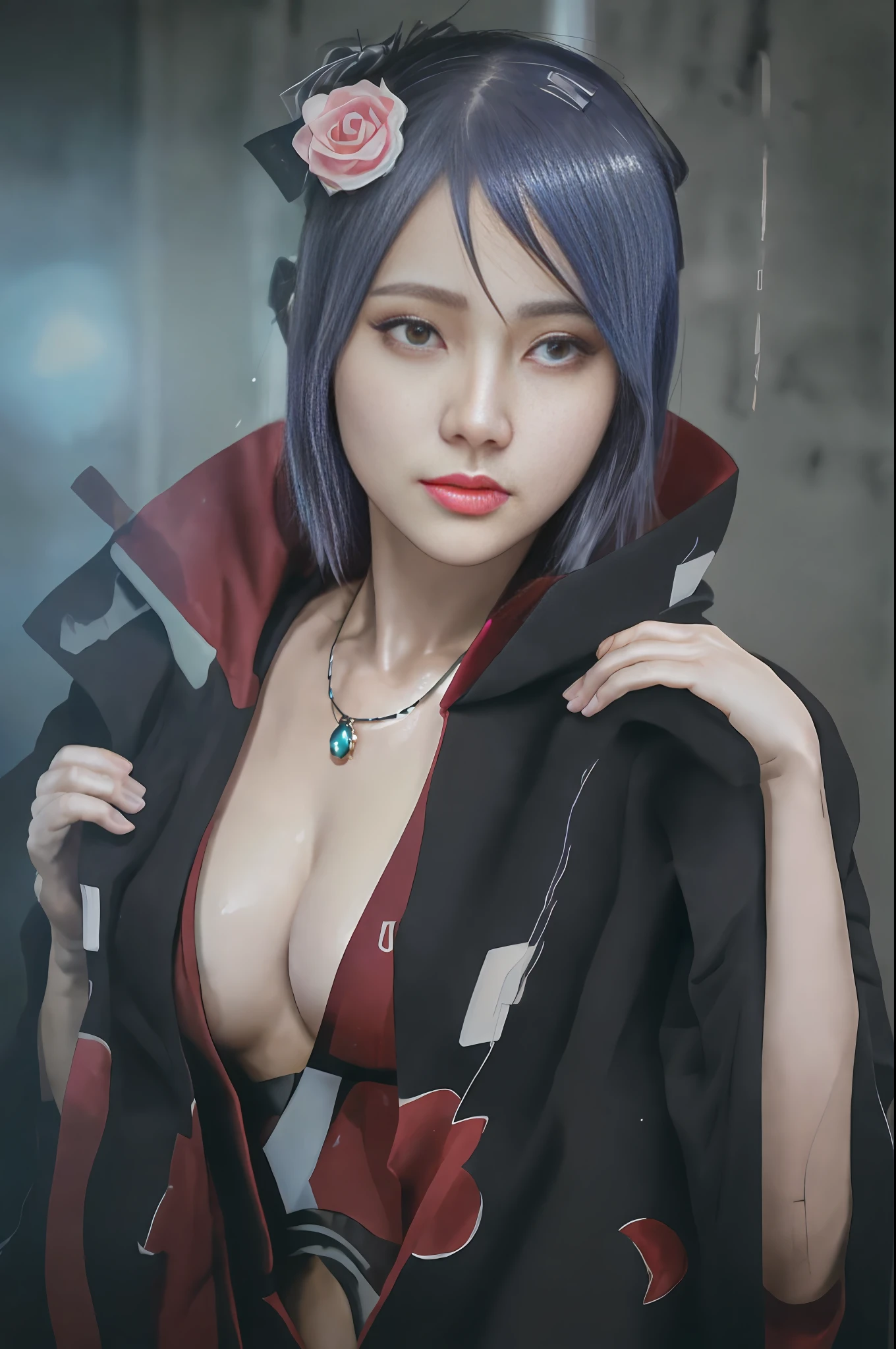 Top quality, 8k, 32k, Masterpiece, close up of a woman in black and red clothes, future anime girl, inspired by Li Shida, cyberpunk anime girl woman, cyberpunk anime girl, female anime character, anime style character, modern cyberpunk anime, cyberpunk anime art, action anime girl woman, detailed anime character art, epic anime style, realistic anime art style, female anime heroine portrait, professional makeup, necklace, very big breasted woman, (seductive pose), Sexy, beautiful white face shining, beautiful face, pink cheeks, beautiful lips, porcelain skin, detail intricate, super detailed, super high, highest detailed, high detailed, delicate, incredible detailed, fine detailed, cinematic lighting, top quality, masterpiece, smooth and beautiful, CG , unity, 8k wallpaper, Stunning, fine detail, unity CG wallpaper 8k ultra detailed, large file size, ultra detailed, high resolution, incredible detail, stunning detail, depth of field, oil painting effect in Rembrandt art style, concept portrait art in Stanley Artgerm Lau style, WLOP, trending on Artstation, epic, trend in society, detailed digital painting, very high quality model.