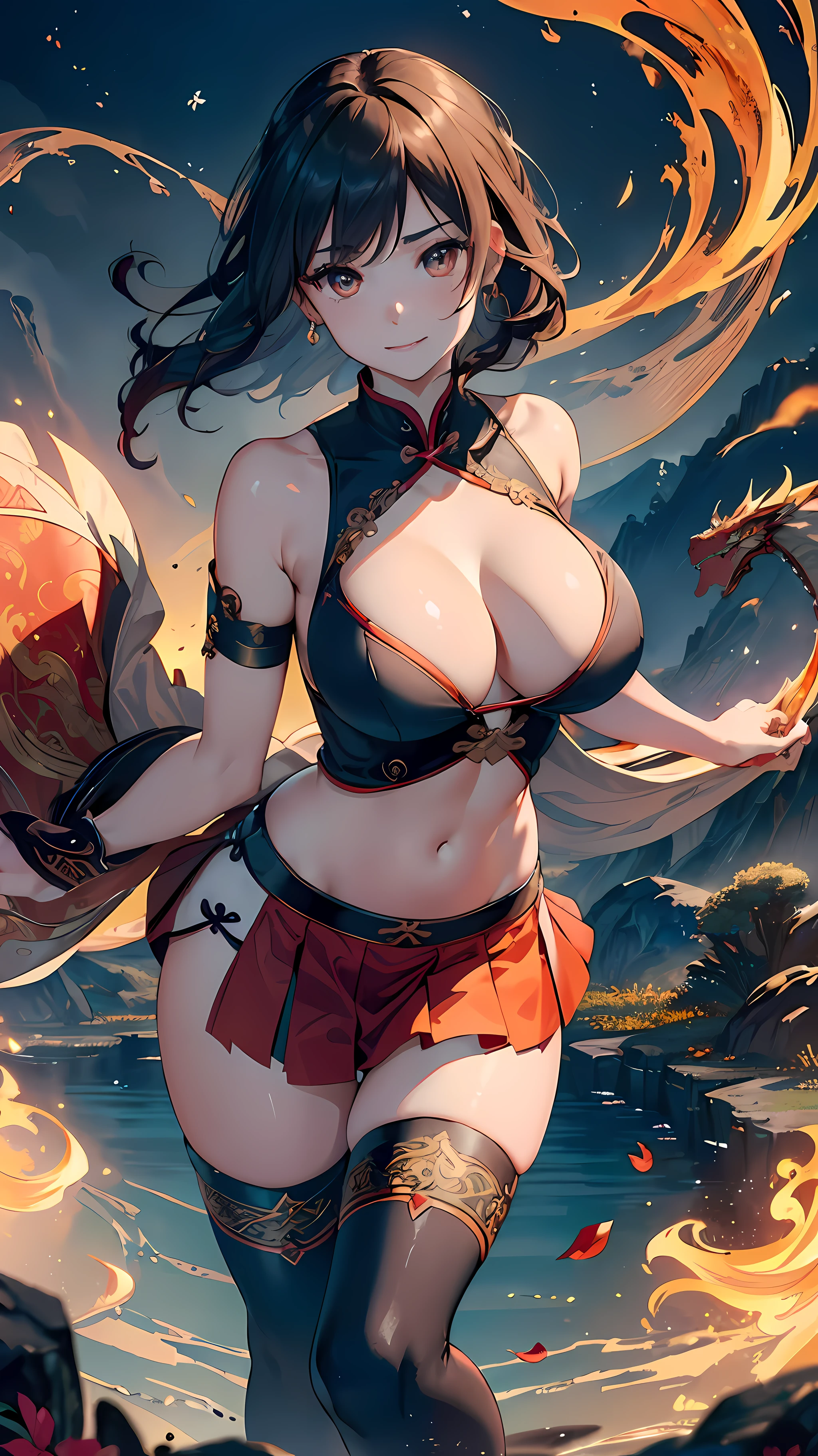 (RAW photos, best quality), (realistic, Photo Realism: 1.3), Extremely Refined and Beautiful, Amazing, Fine Detail, Masterpiece, Ultra Detail, High Resolution, (Best Illustration), (Best Shadow), Intricate, (in a crimson gold Chinese dragon, surrounded by gold dust, black flowers, trees, petals, wind, God, long wavy body, fangs, fantasy, mythology, high quality, highly detailed, masterpiece, epic, particle effects, dynamic effects, (Dragon: 1.4 in front of), clouds, storms, mountains, sunsets, clear focus, volumetric fog, 8k Ultra HD, DSLR, High quality, (Film grain: 1.4), Fujifilm XT3,Official Art, Unity 8K wallpaper, Ultra detailed, Beautiful and beautiful, Best quality, (Zen entanglement, tangled, entangled), (fractal art: 1.4), 1 girl, brunette hair, Chinese, bare shoulders, short skirt, calf, navel, very detailed, dynamic angle, denim lens, (most beautiful chaotic shape), flow, (bright colors), OC, (half: 1.2), china, (tape: 1.3), (Dream: 1.5), (Hanfu: 1.5), Chinese Dragon, (Smile: 0.5), (Chinese God), Realistic, Ultra High Resolution, Complex, Ultra Detailed, (Skin Dents), Female, Detailed Body, (Detailed Face: 1.1), (Contoured Iris), (Watercolor Lenses), (Perfect Eyes), 4K, Gorgeous, (Masterpiece: 1.2), (Best Quality: 1.2), Wide Buttocks, Thick Thighs, (Big Tits: 1.2) and (Big Tits: 1.2), Debauchery, Seductive pose.