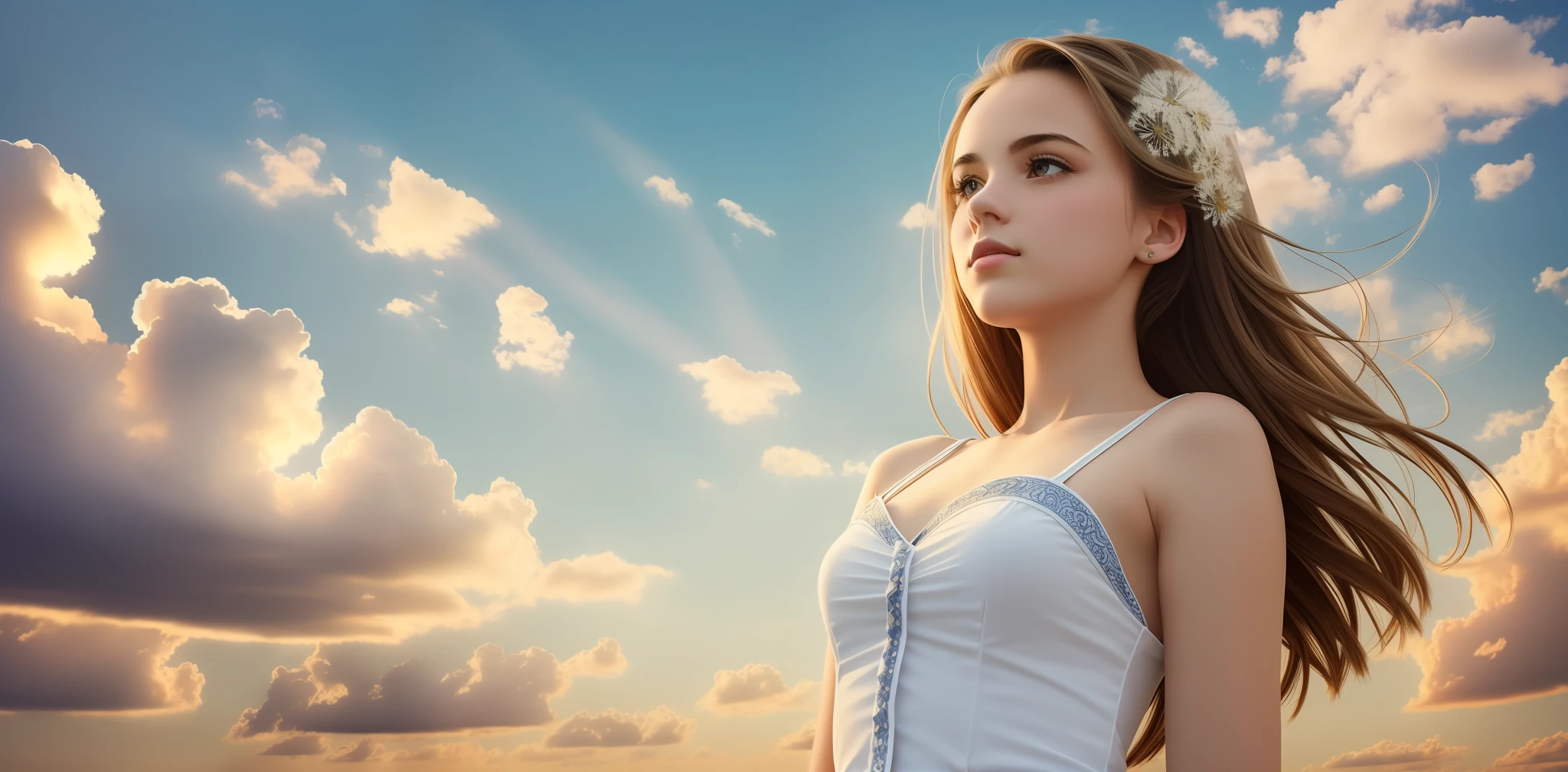 Best quality, masterpiece), 1girl, cloudy sky, dandelion, contrapposto, alternating hairstyles,
