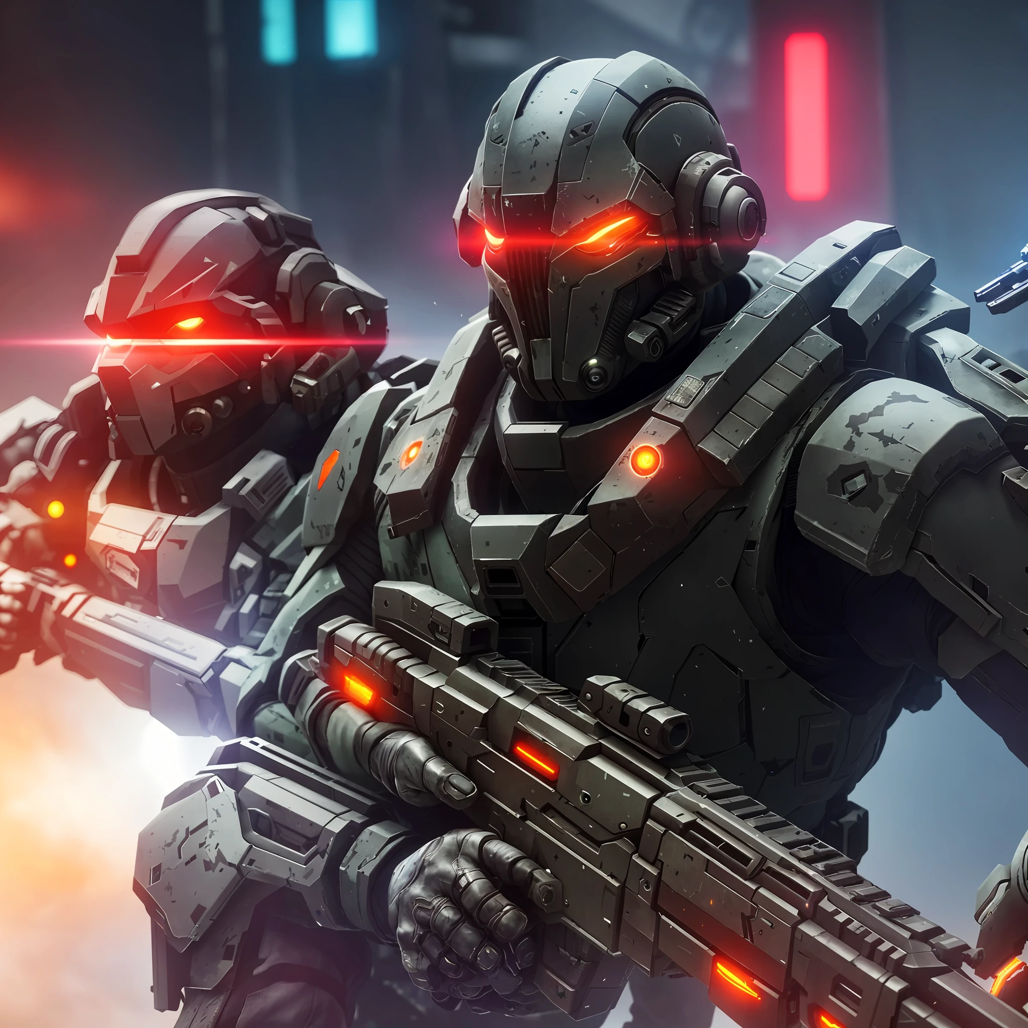 a close up of two soldiers with glowing eyes and weapons, cyberpunk soldier, menacing. unreal 5, killzone, futuristic. game cg, octane trending on cgsociety, trending in cgsociety, soldiers and mech fight, helghast, ultra detailed game art, futuristic soldier, [ trending on cgsociety ]!!, metal and glowing eyes, sci-fi soldier