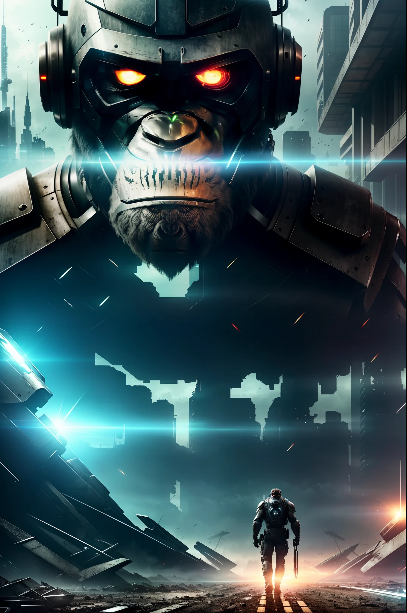 In a dystopian future, where the line between humans and machines has become blurred, an ape-headed man emerges as a symbol of transformation. Dressed in imposing cybernetic armor, he walks through a post-apocalyptic world where technology and savagery mingle. The desolate and reflected landscape reflects the chaotic state of society. The image, in high quality and rich in detail, transports the viewer to a futuristic and intriguing universe. --auto --s2