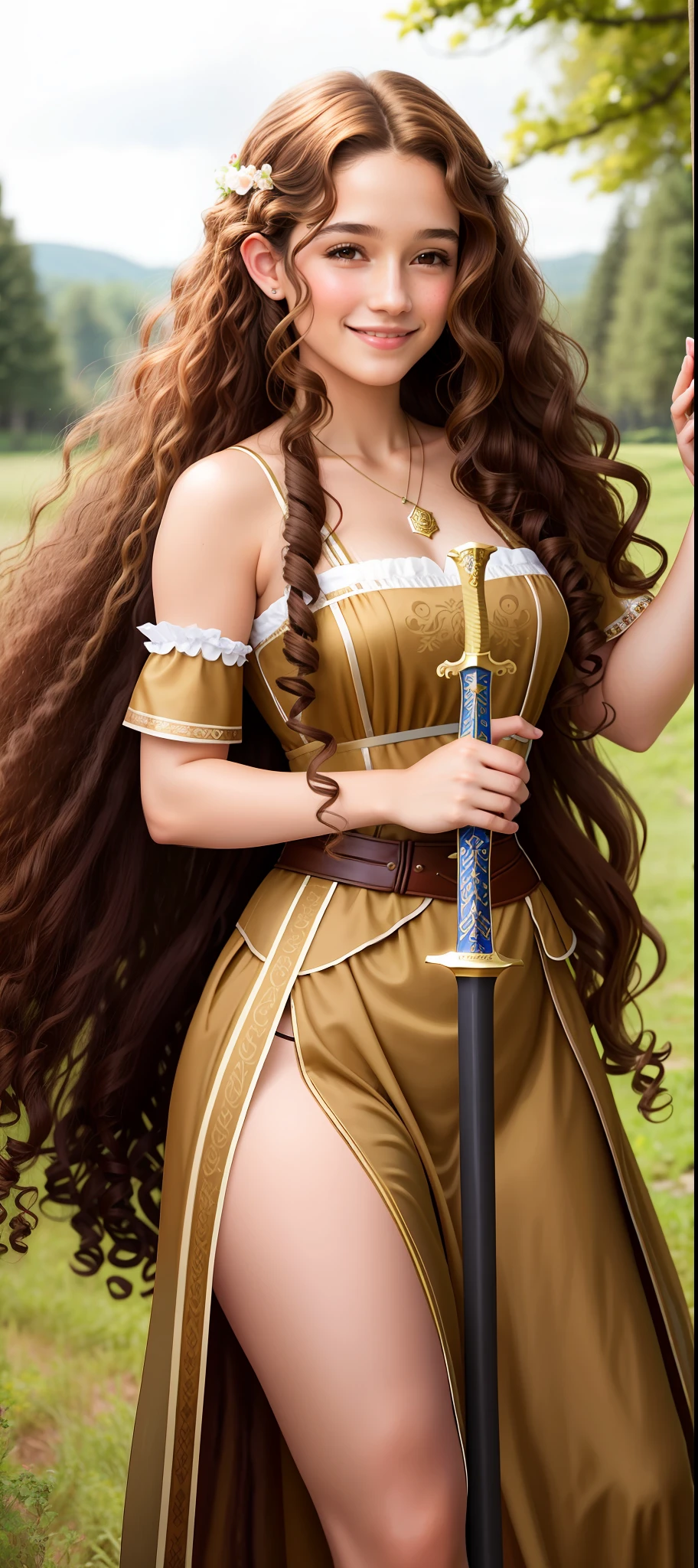 a woman with long brown hair holding a sword and smiling, curly brown hair, long curly brown hair, curls hair, brown curly hair, by Igor Grabar, with curls, medium - long curly brown hair, long curly hair, curly long hair, elf long weaving brown hair, with long curly hair, wavy beautiful hair, valentina remenar, traditional art, curls