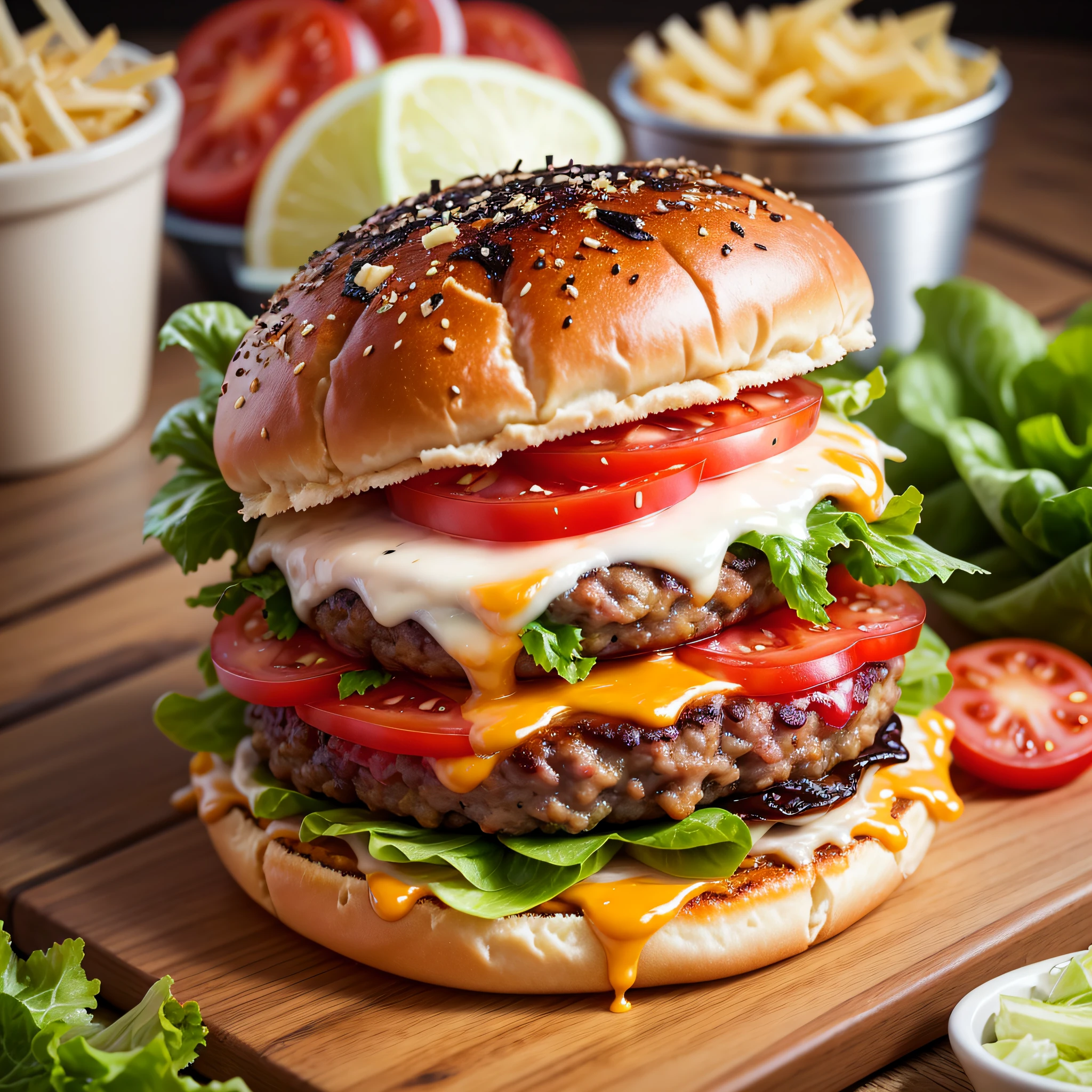 Juicy, assembled burger with visible layers of melted cheese, crispy lettuce, tomato and other delicious ingredients. Ultra realistic, 4K, detailed, beautiful --auto --s2