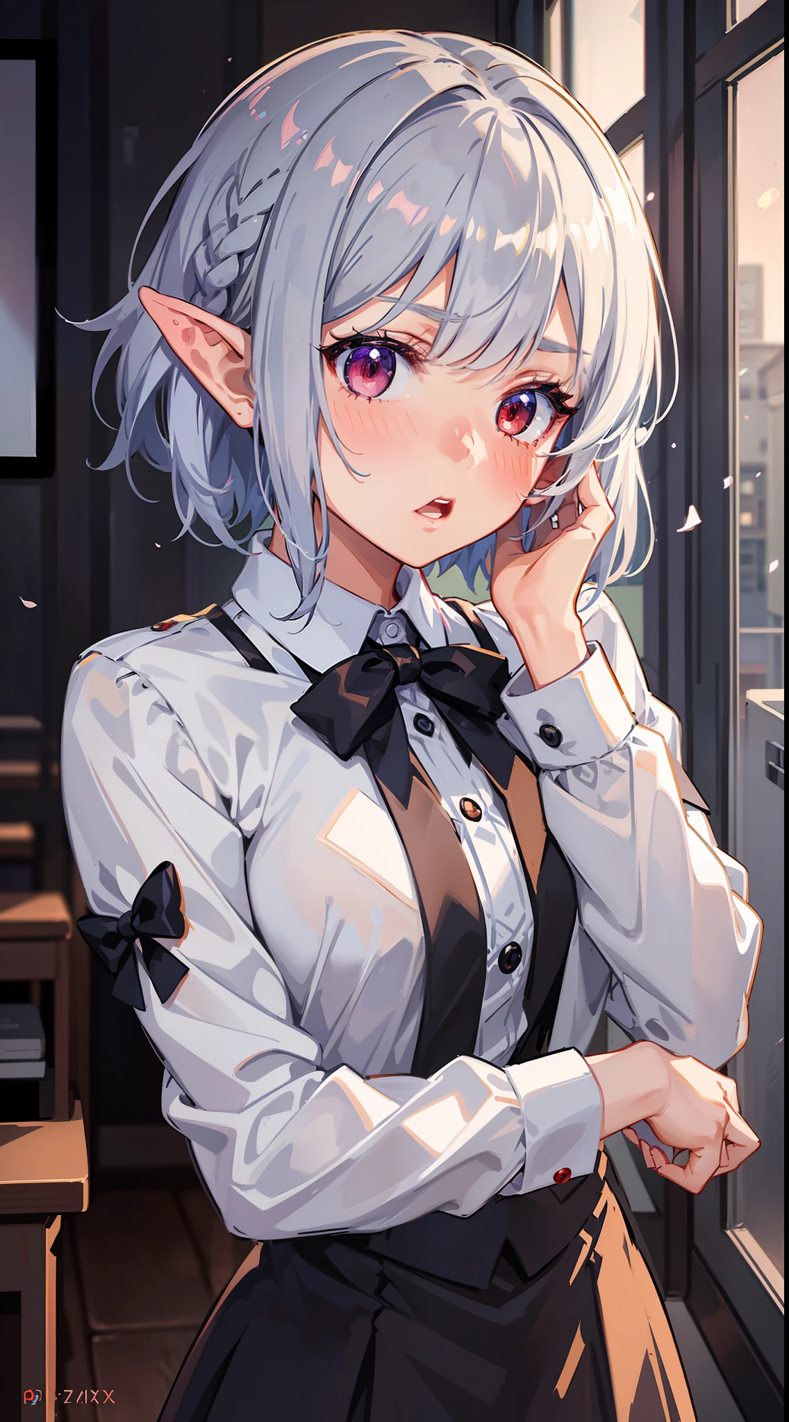 1 girl, elf, silver hair, red eyes, bob cut, braid, school uniform, blazer uniform, indoor, facing front, (putting both hands on one's face), (surprised), (blush), concept art, beautiful anime scene, beautiful anime scenery, top rated on pixiv, best quality, 4K