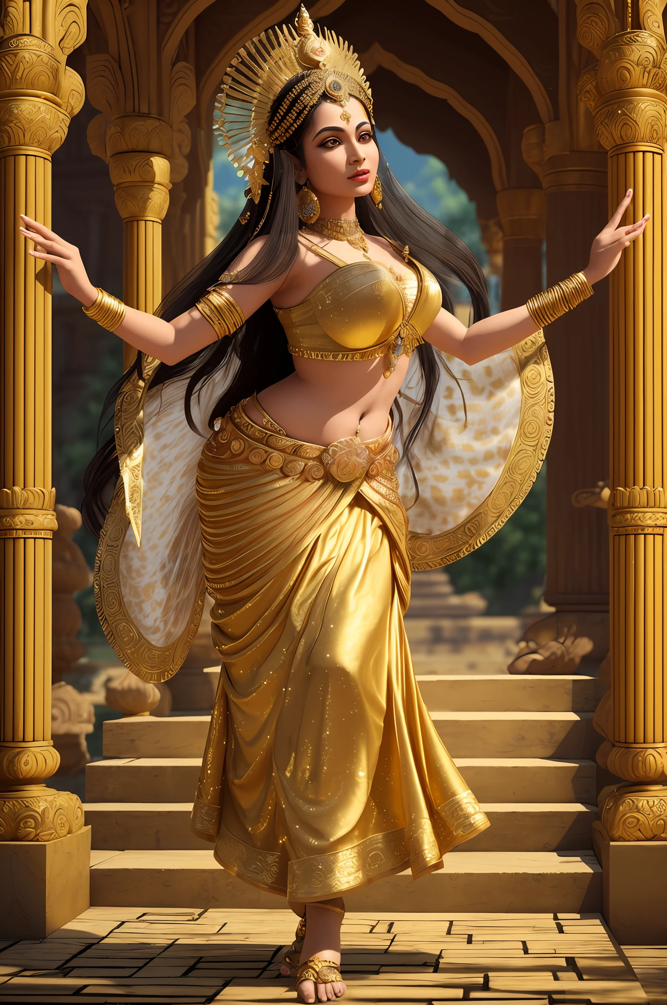 a woman in a gold costume is dancing in a courtyard, indian goddess of wealth, a beautiful fantasy empress, beautiful goddess, indian goddess, goddess. extremely high detail, epic 3 d oshun, gilded lotus princess, gorgeous goddess of leo, portrait of a beautiful goddess, tall thin beautiful goddess, a stunning portrait of a goddess, beautiful fantasy maiden