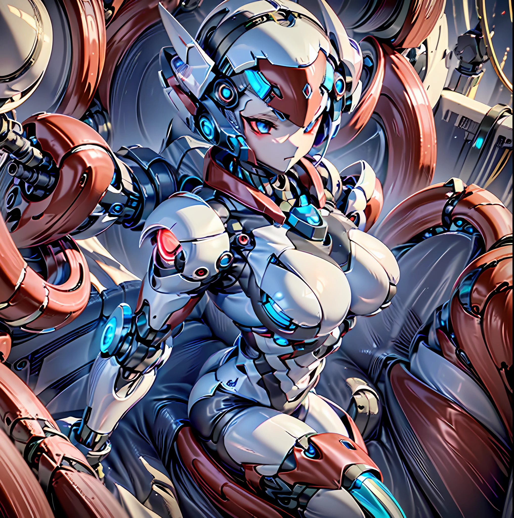 (Dark Environment: 2.0) Closed room, a girl armor with intoxicating curves, enchanting charm, and plump breasts, with a high degree of anthropomorphism, the armored body is a body with female human signs, the female human body is wearing a white one-piece rubber suit, the armor color is white, the armor surface is decorated with random symmetrical blue gemstones, the character's face is replaced with a mechanical, the vivid mechanical face is cute, the mecha is parasitized by red mechanized octopus tentacles, the mechanical tentacles and the host body are perfectly integrated, The mechanical tentacles are perfectly integrated with the host organ, the armored whole body has obvious tentacle features, the clothing on the chest is replaced by three-point underwear formed by the winding of mechanical tentacles, the white chest that exposes human signs, the clothes of the butt are replaced by thongs formed by the winding of mechanized tentacles, the white lower abdomen that exposes human signs, the armor back has 4 red and white mechanized tentacles, the tentacles hang straight down, there are no extra tentacles around the character, there are many small flying robots next to the character, only one armor is rendered, and there is no other armor in the picture,