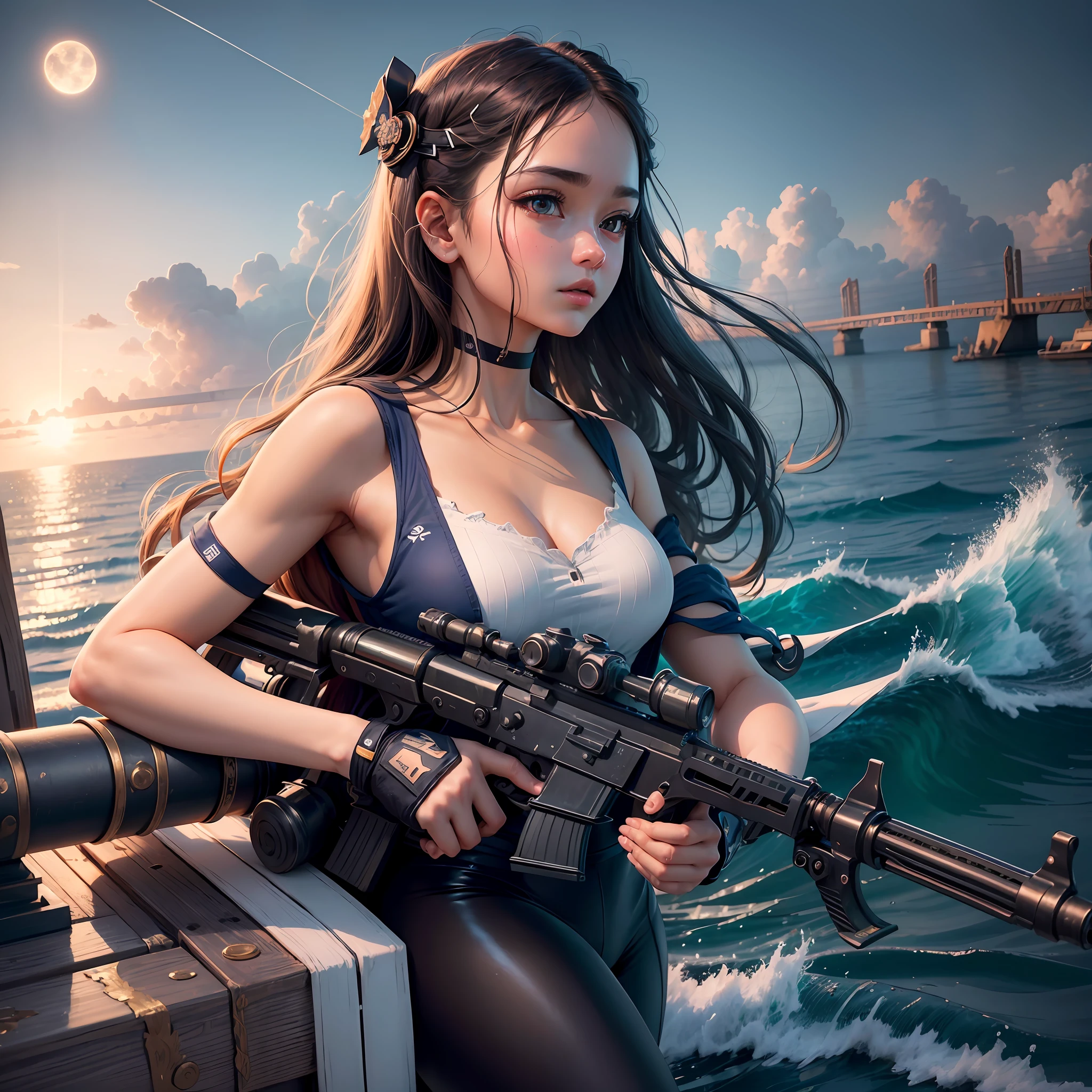 (Best Quality, Masterpiece: 1.2), Ultra High Resolution, Best Quality, Details, Amazing, Extremely Detailed CG Unity 8k Wallpapers, Beautiful Detailed Eyes, Highly Detailed Skins, Extremely Delicate and Beautiful Girls, 1 pc Girl holds mp5 gun and finger on trigger, long hair and full body, sailor suit, on warship, --auto --s2