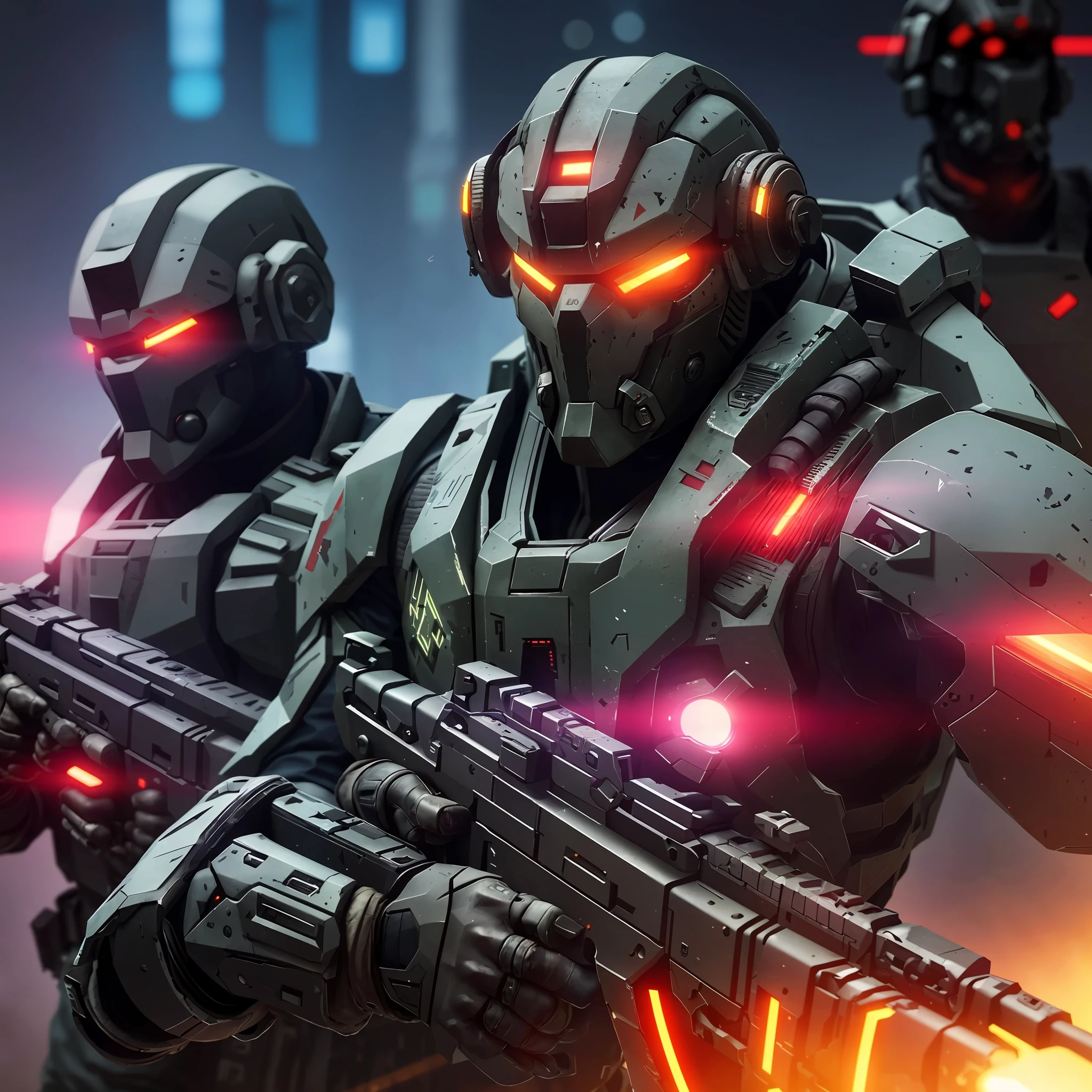 a close up of two soldiers with glowing eyes and weapons, cyberpunk soldier, menacing. unreal 5, killzone, futuristic. game cg, octane trending on cgsociety, trending in cgsociety, soldiers and mech fight, helghast, ultra detailed game art, futuristic soldier, [ trending on cgsociety ]!!, metal and glowing eyes, sci-fi soldier