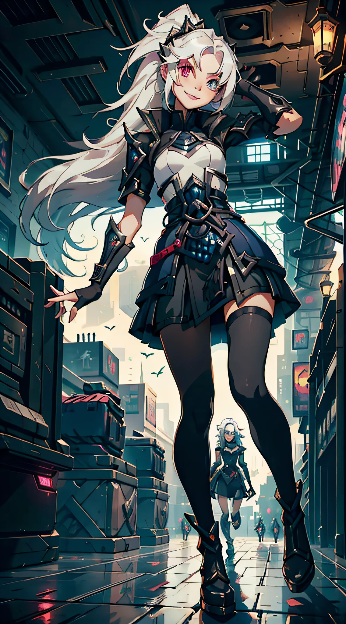 League of Legends, Zoe, 1 Girl, Heterochromia, Heterochromia, Short Skirt, Black Dress, Pantyhose, Very Long Hair, Fingerless Gloves, Smile, Shut Up, Upper Body, Porter Qualities, Short Stature, Cyberpunk, Hanbok