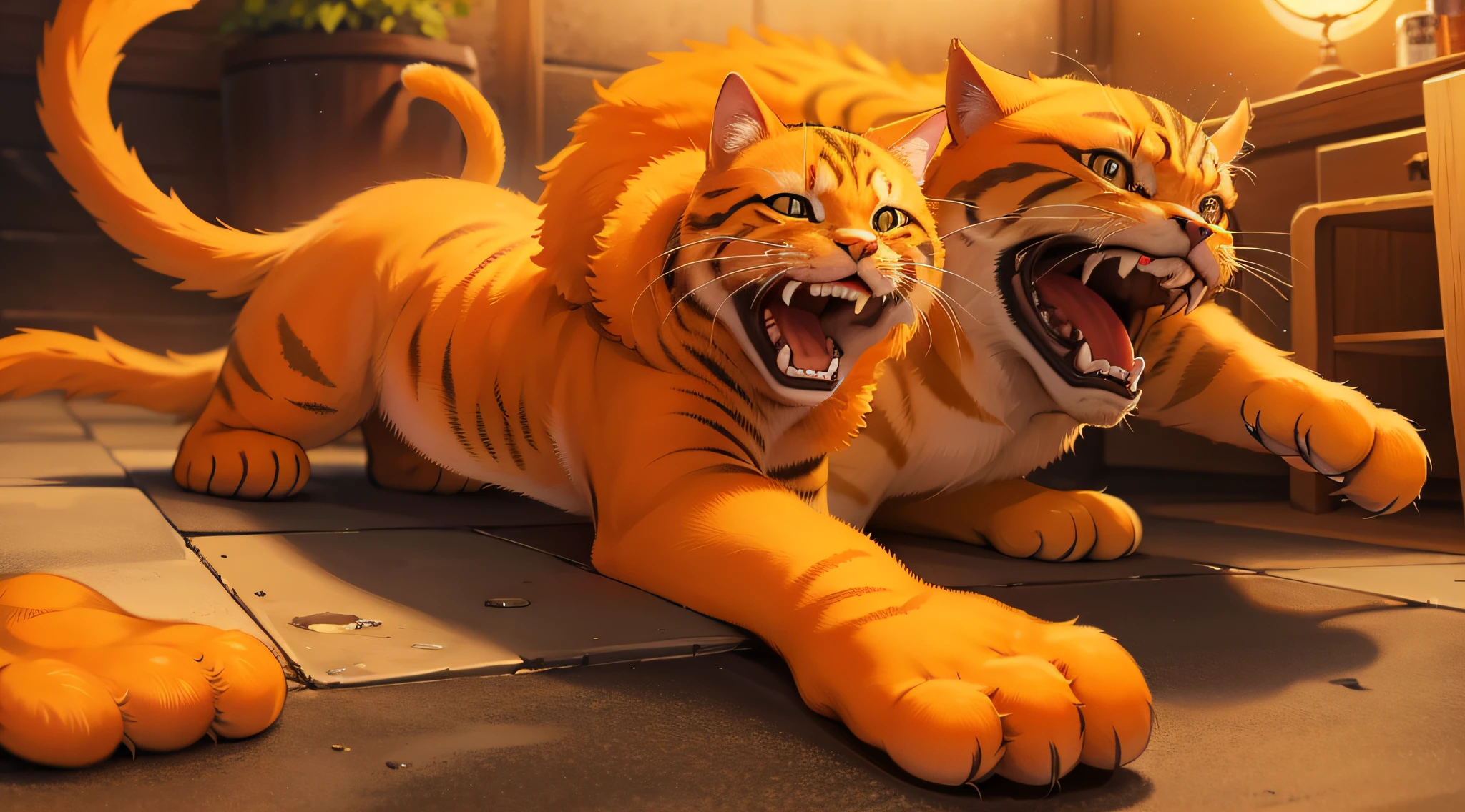 A cat, orange, ferocious, with a wide open mouth