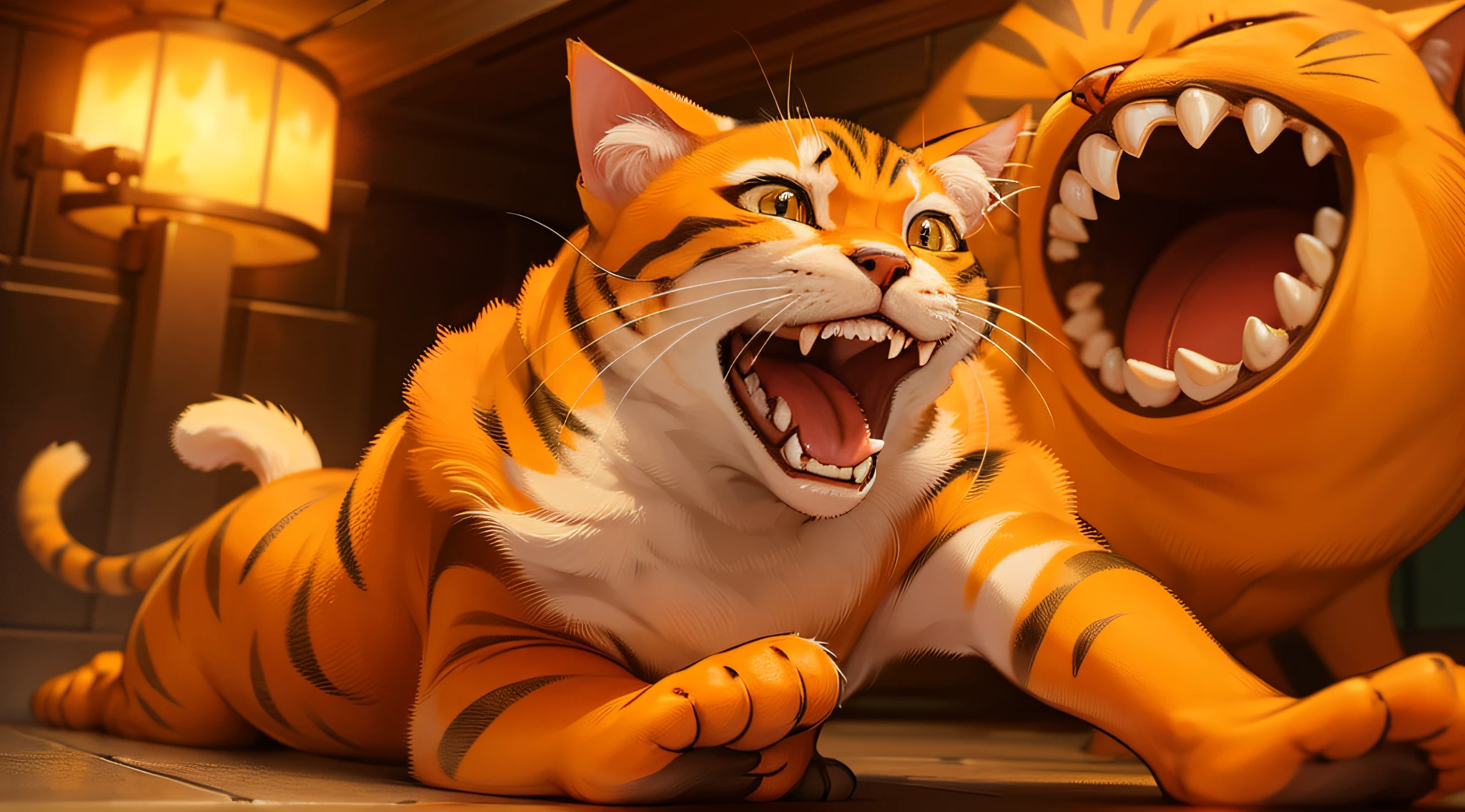 A cat, orange, ferocious, with a wide open mouth