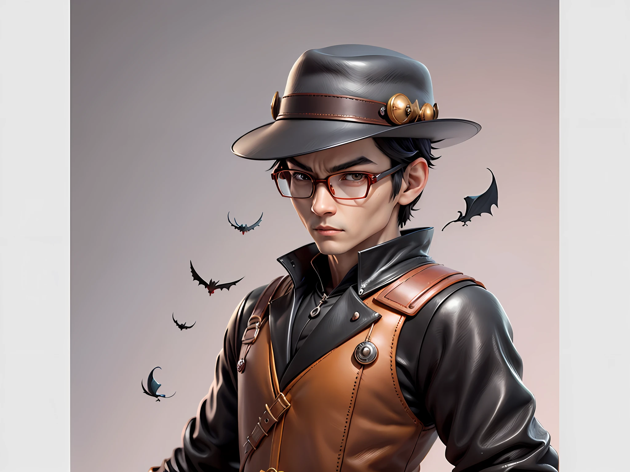 Young man with oriental face in leather hat, dragon, formal suit, short black hair, silver glasses, digital painting, 3D character design by Mark Clairedon and Pixar and Hayao Miyazaki and Akira Toriyama, the illustration is a high-definition illustration in 4K resolution with very detailed facial features and cartoon-style visuals.