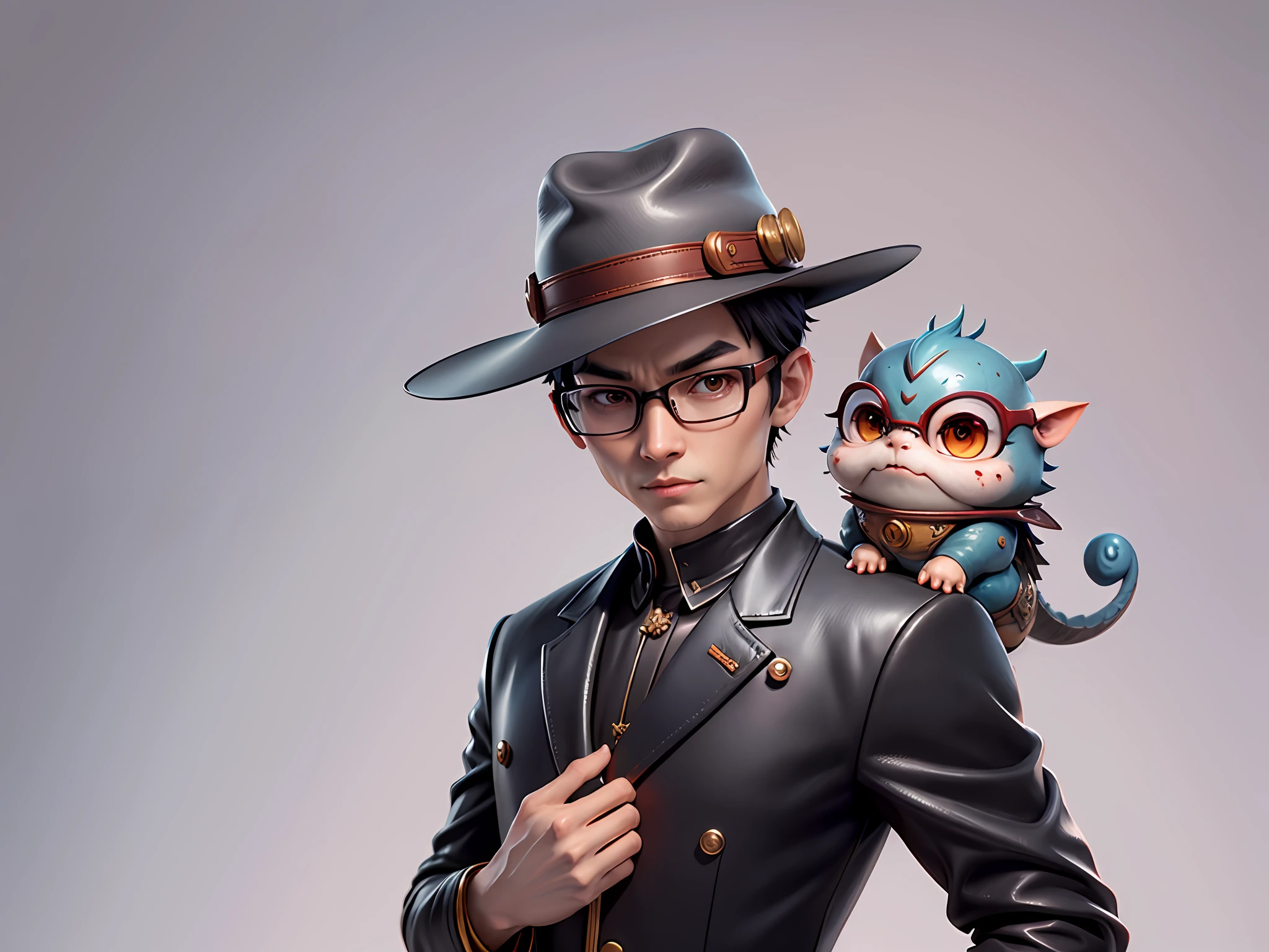 Young man with oriental face in leather hat, dragon, formal suit, short black hair, silver glasses, digital painting, 3D character design by Mark Clairedon and Pixar and Hayao Miyazaki and Akira Toriyama, the illustration is a high-definition illustration in 4K resolution with very detailed facial features and cartoon-style visuals.