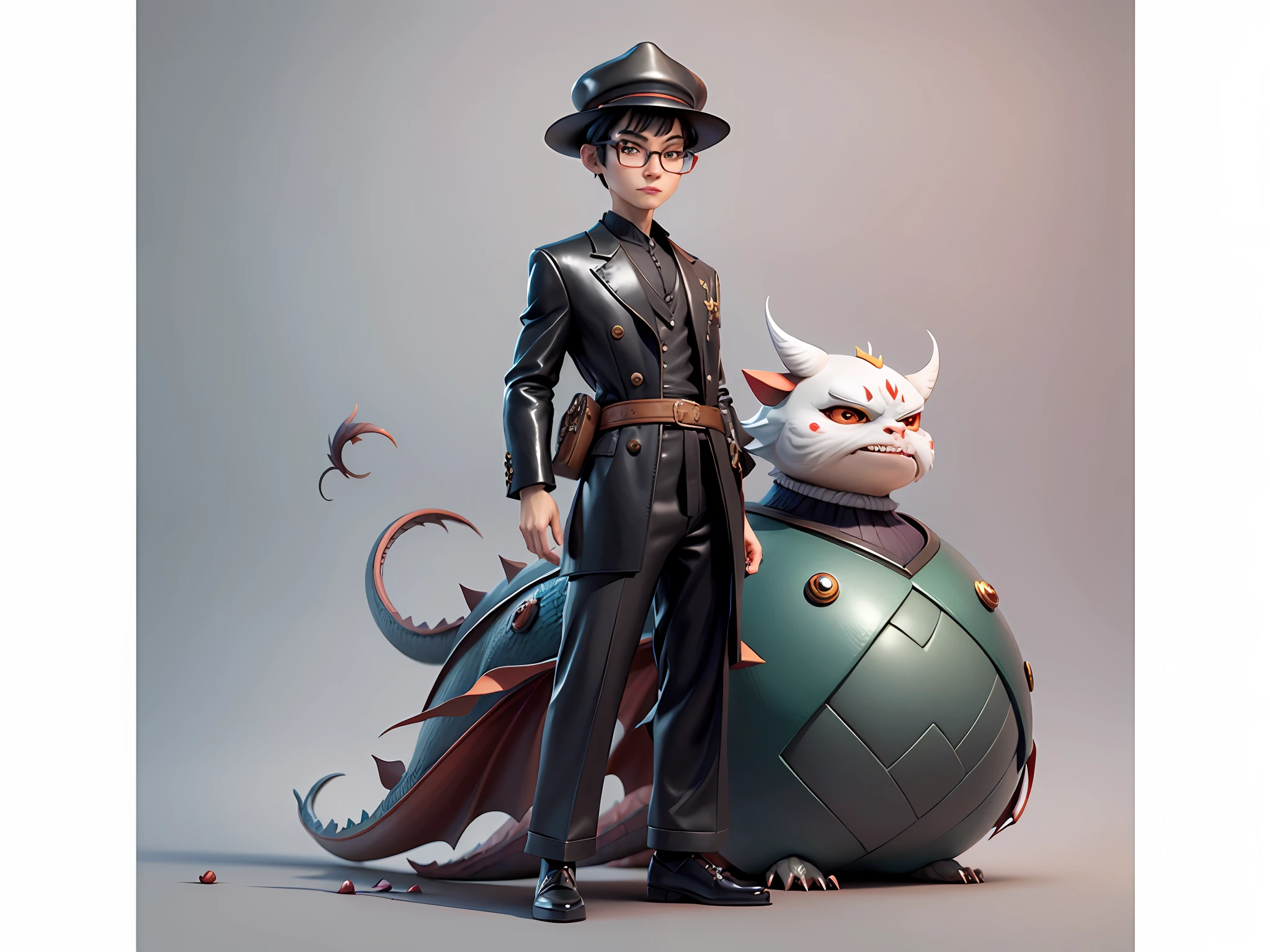 Young man with oriental face in leather hat, dragon, formal suit, short black hair, silver glasses, digital painting, 3D character design by Mark Clairedon and Pixar and Hayao Miyazaki and Akira Toriyama, the illustration is a high-definition illustration in 4K resolution with very detailed facial features and cartoon-style visuals.