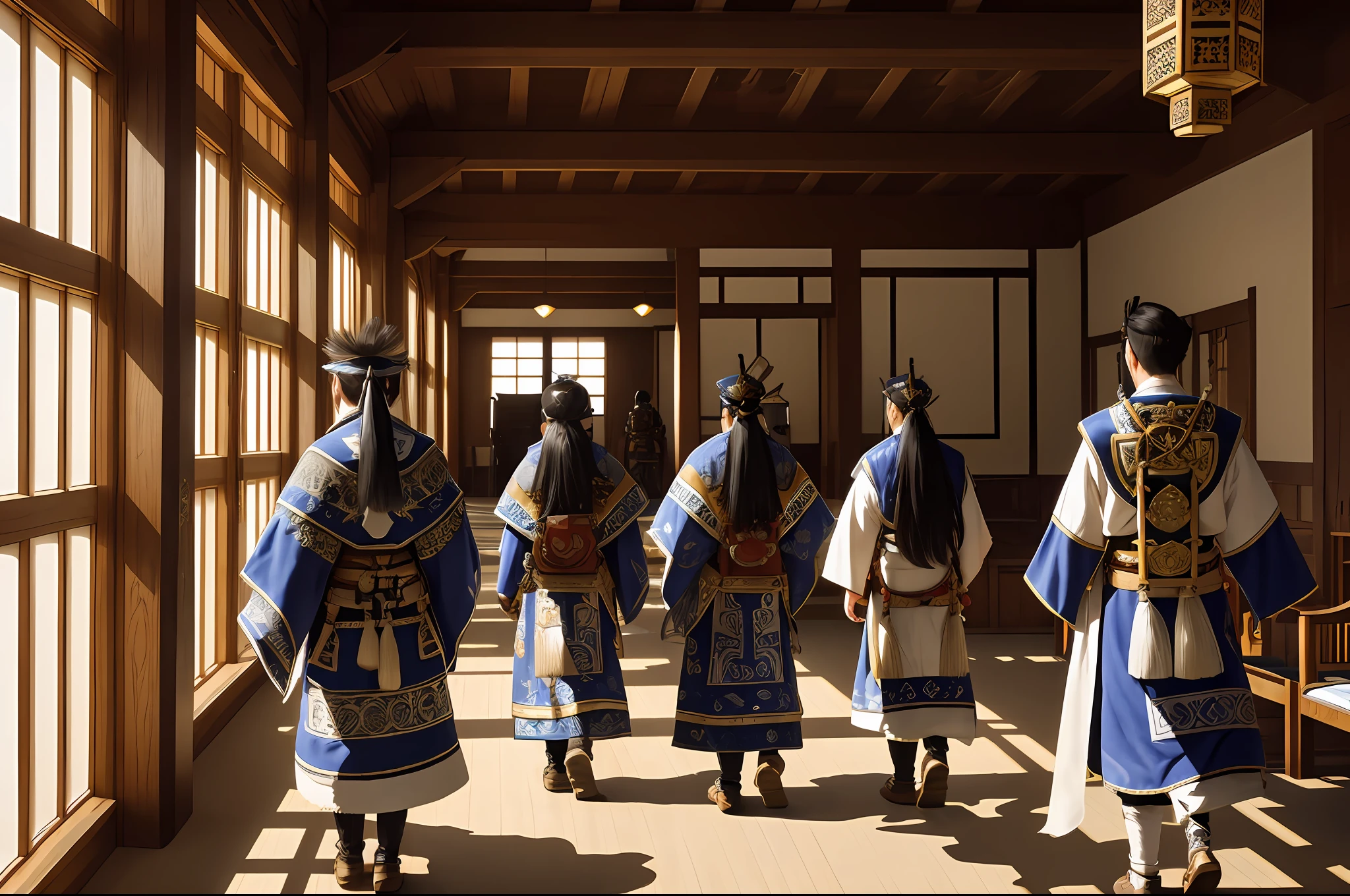 masterpiece, very detailed, ultra-realistic, detailed background, bright lighting, sunlight, (Ainu youth in the reception room of the Ainu royal palace), (men and women in various costumes), (from behind: 1.5), (wide shot),