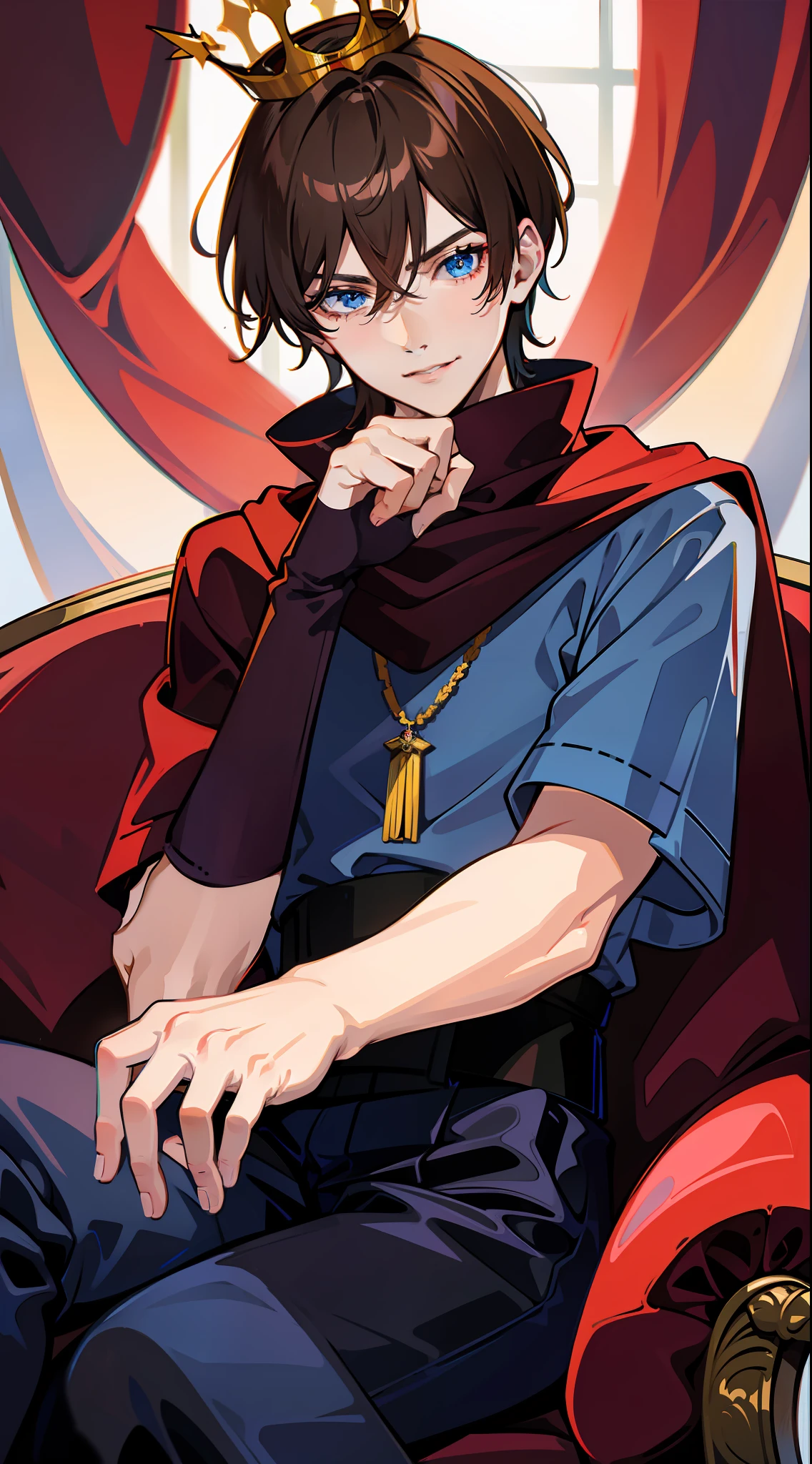 masterpiece, best quality, super detail, illustration (1 male), mid-brown hair with one of white lock hair, blue eyes, crown, sitting on a throne, background with red curtains of a castle, prince's clothing, right hand resting on the arm of the throne and closed fists, cheek resting on closed fist, left hand on thigh, smile from corner of lips,  defined jaw