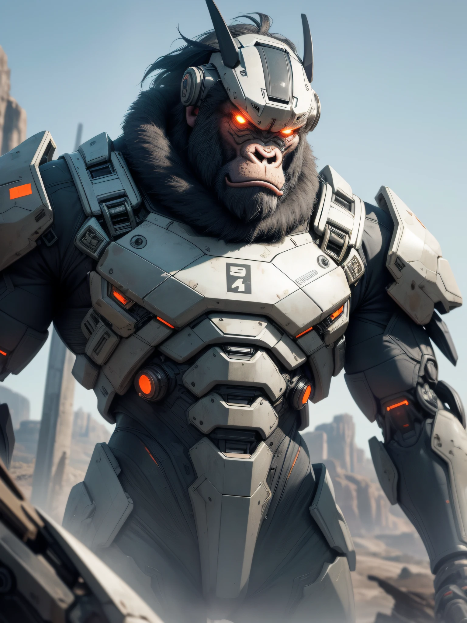 In this dystopian future, the line between humanity and animality blurs. A man with an ape's head, wrapped in futuristic cybernetic armor, personifies this primal connection. His presence is imposing and fierce, with piercing eyes that reflect ancestral wisdom. The desolate landscape that surrounds it symbolizes destruction and transformation. An image, in high quality and with realistic details, captures the complexity of this fusion between man and animal. --auto --s2