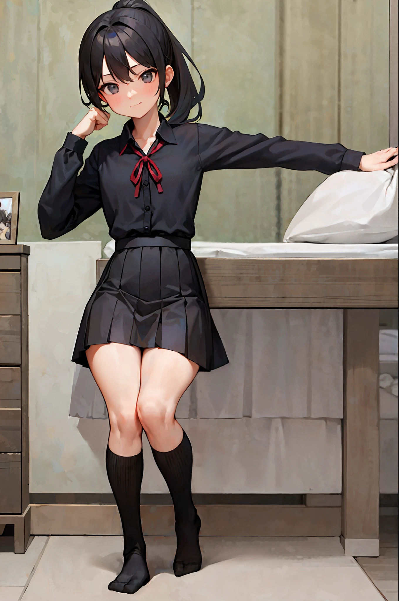 (Masterpiece, 4K, Ultra Detailed: 1.2), (Beautiful Face: 1.2), (Anime: 1.2), Illustration, (Reality: 1),
(1 girl: 1.2),
(giggle, smug: 1),
(Viewer: 1.4), Portrait, (Full body: 1.2),

(standing: 1.2), (supermodel: 1.4),

(indoor, bedroom: 1.2), (simple background: 1.2),

(tie, schoolgirl_uniform, long-sleeved dress shirt, black pleated skirt, socks: 1.2),

(black_hair), (medium length hair, ponytail),

(cleavage: 0.5), (wide_hips: 1), (milf, mature, 35 years: 1.2), (curve: 1.1), (flat chest: 1),

(muscles: 3), (calf muscles, thigh muscles: 1.5),